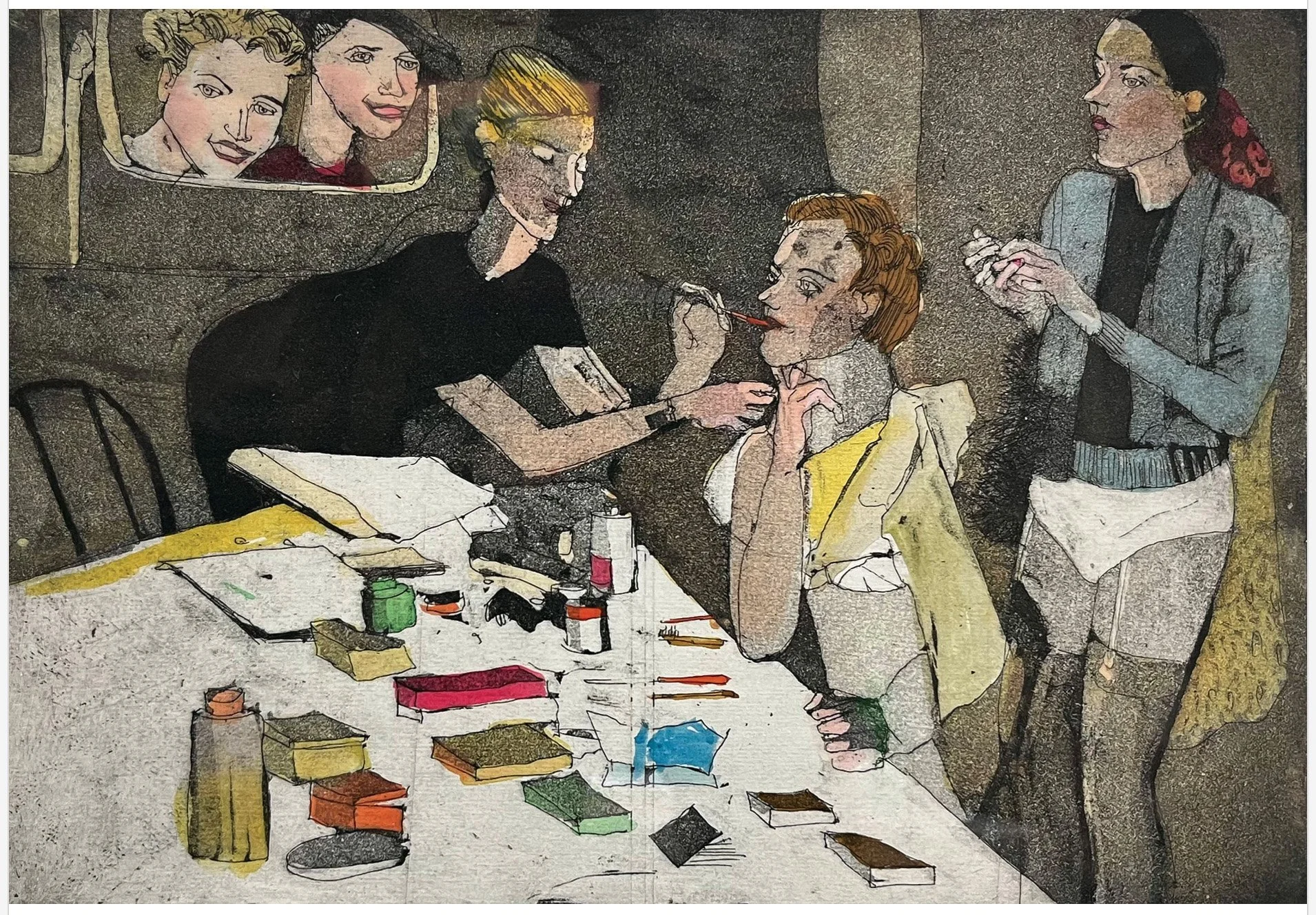 Dress Up - hand tinted monoprint 