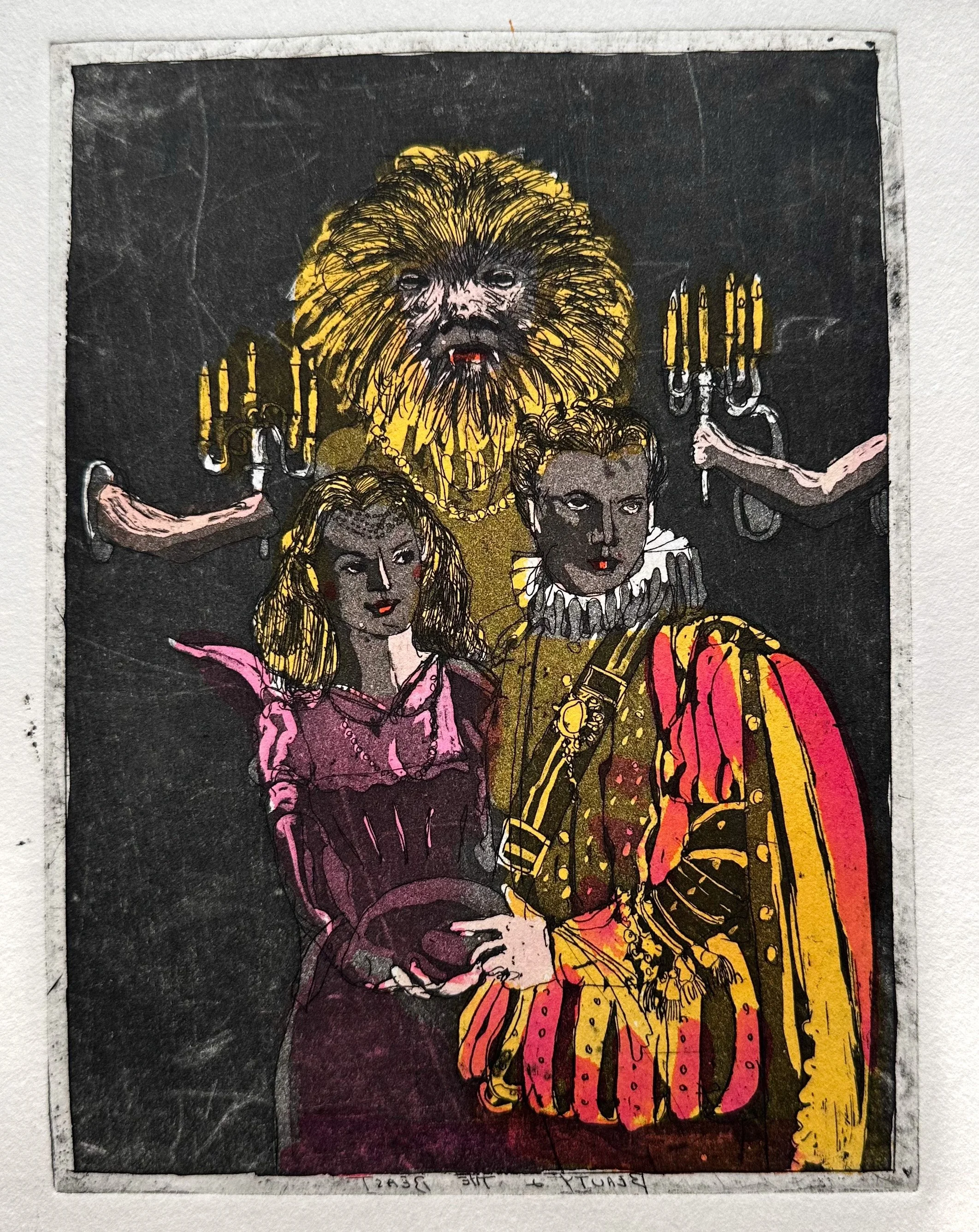 Beauty and the Beast - hand tinted monoprint - 15H" x 11"W - artwork 7 3/4"H x 5 3/4"W