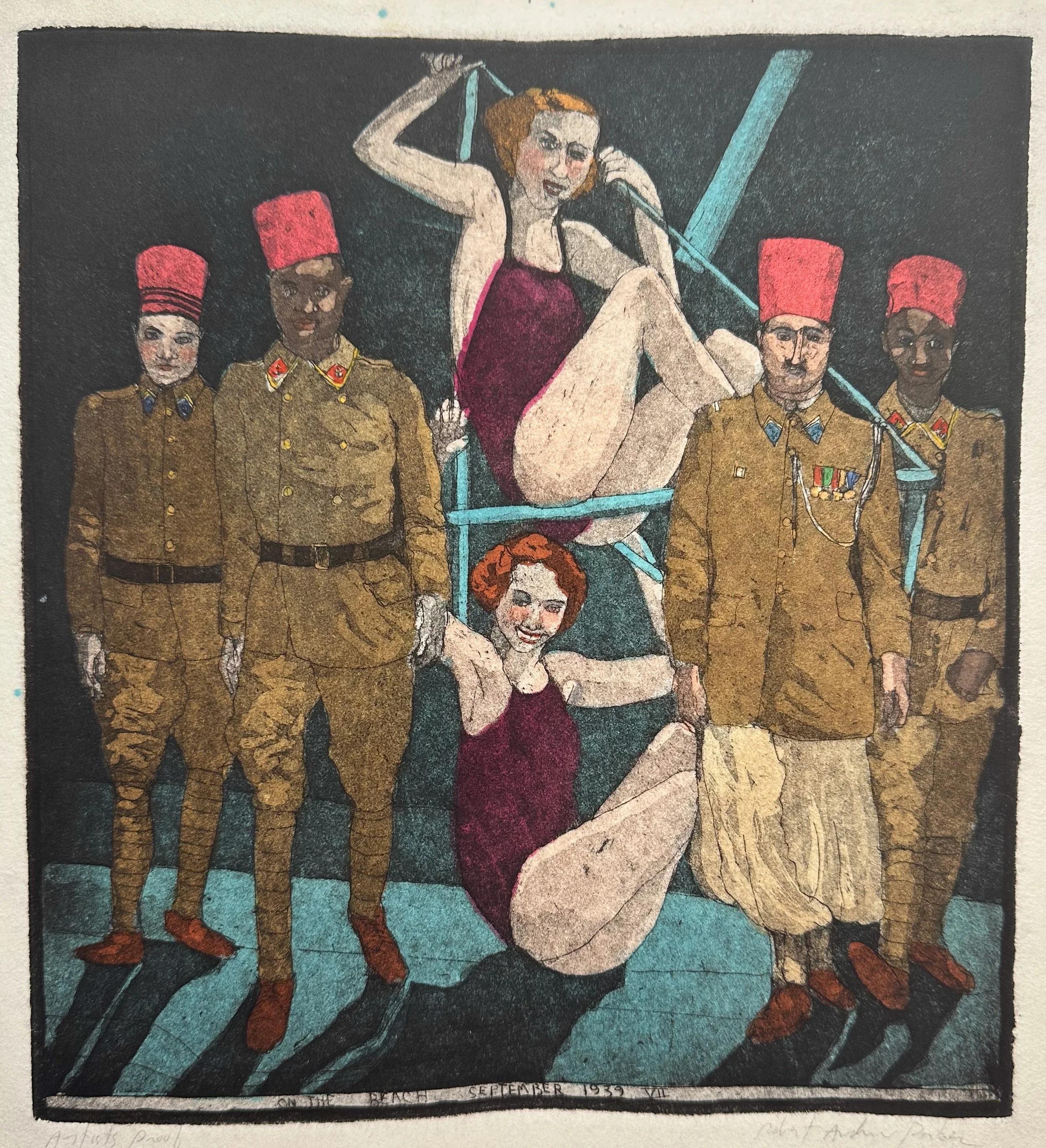 On the Beach, September 1939 VII - hand tinted monoprint - 9 1/2"H x 7"W