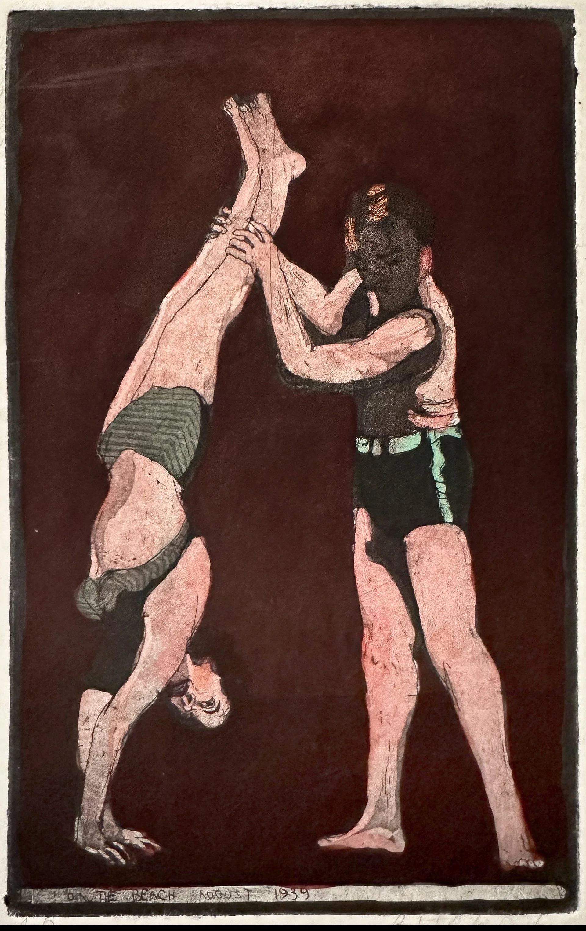 On the Beach, August 1939 - hand tinted monotype - 9 1/4"H x 6"W