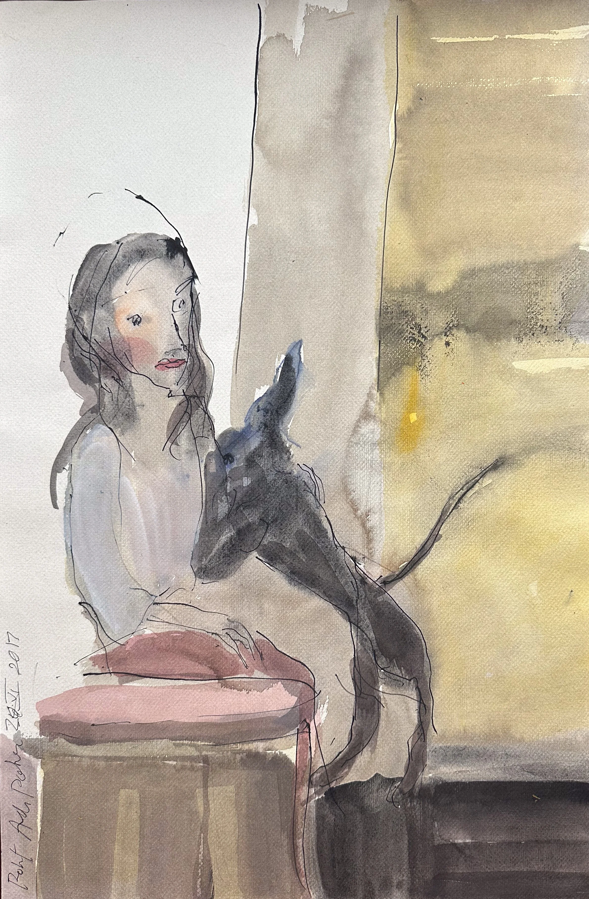 Woman Seated with Dog - watercolor on paper - 19 3/4"H x 12 3/4"W