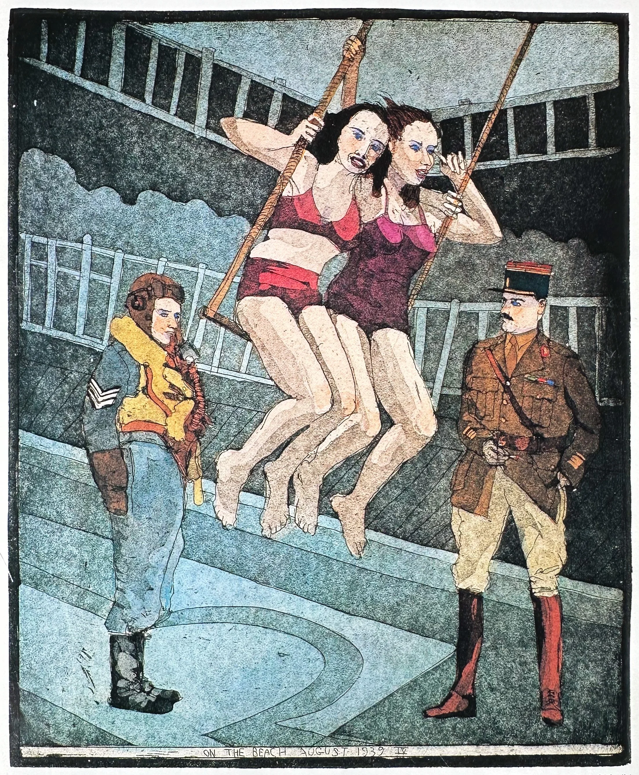 On the Beach, August 1939 IV - hand tinted monoprint 