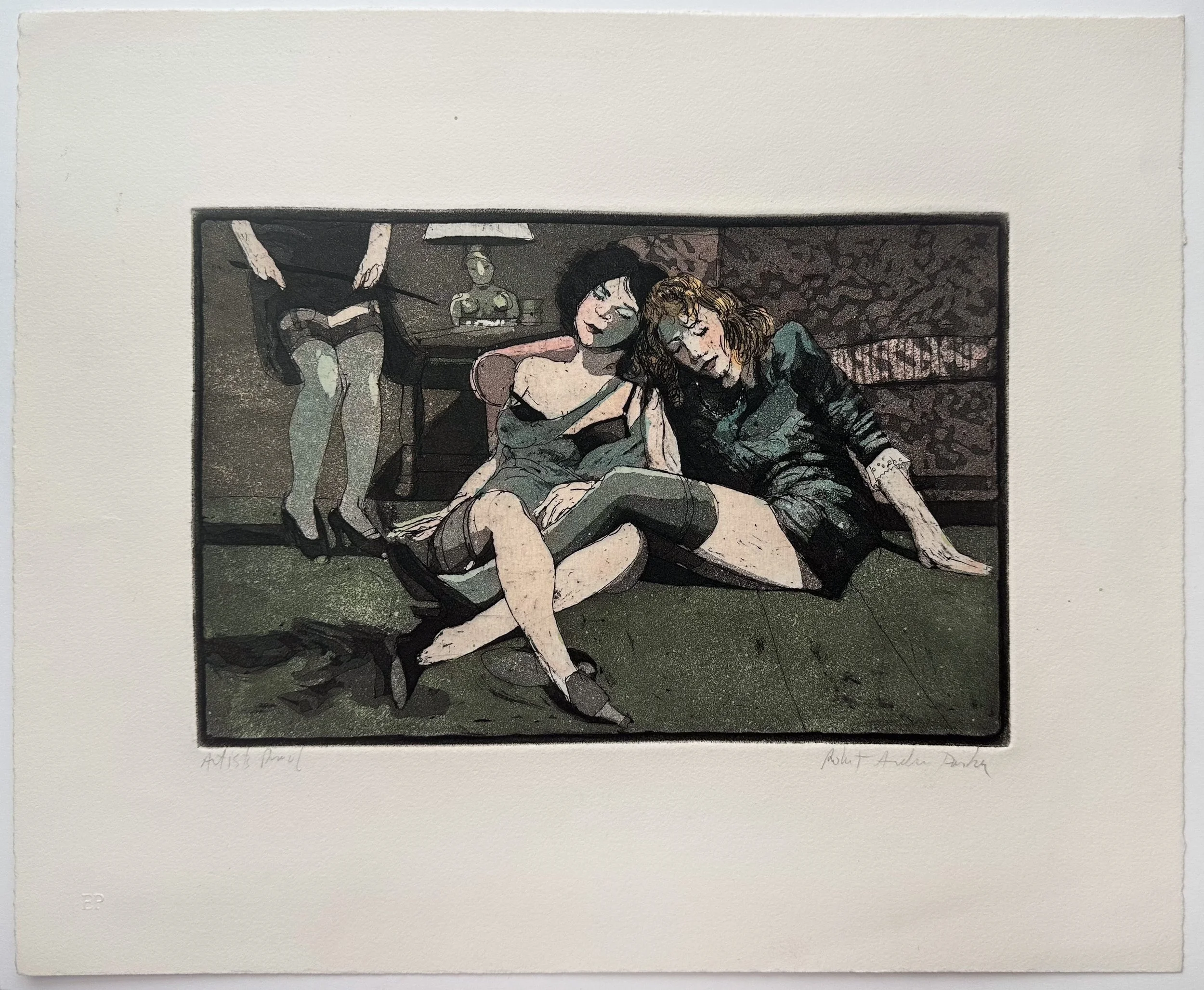 Drunken Ladies on a Sidewalk - monoprint on paper - 10 1/2"H x 12 3/4"W