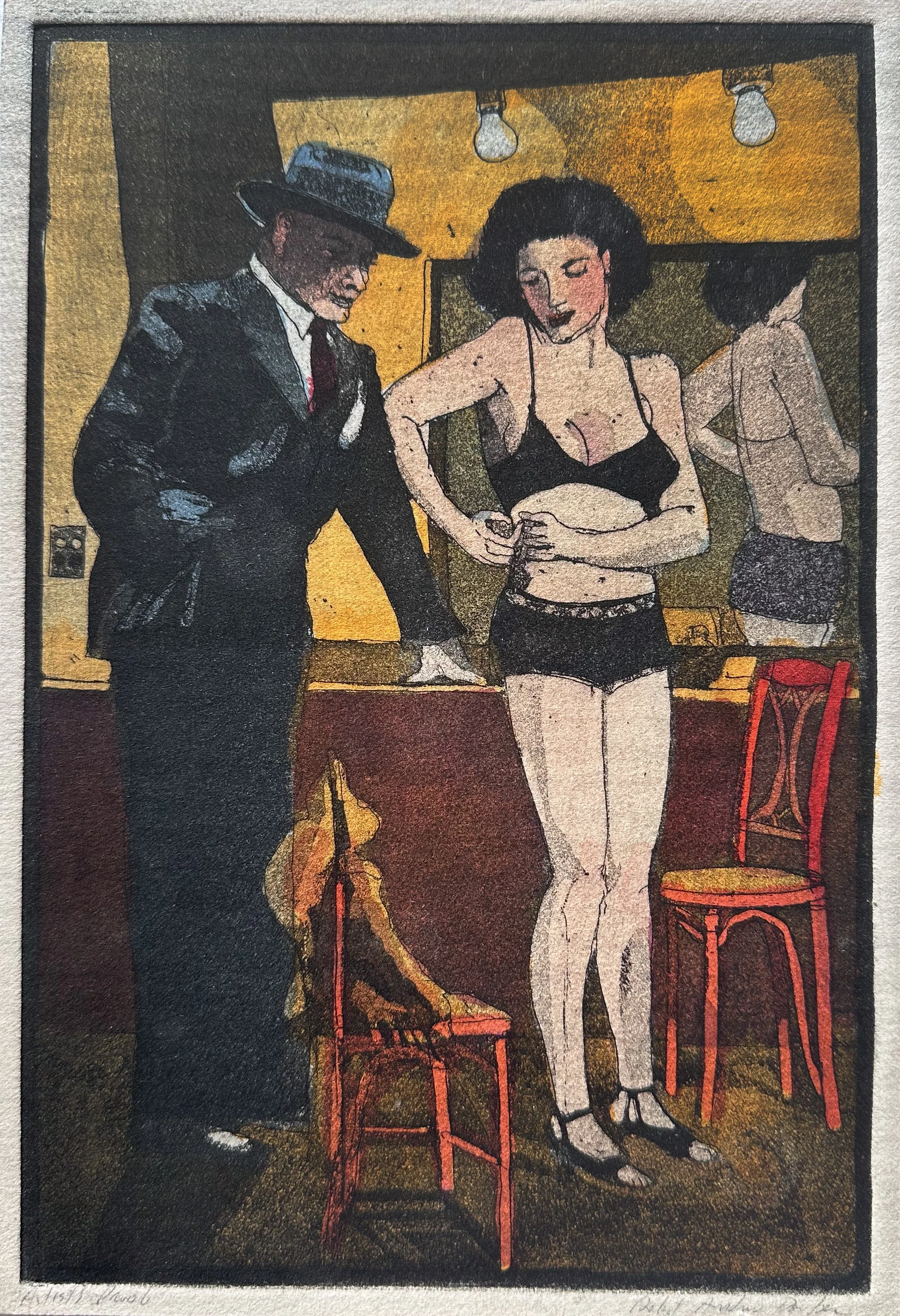 In the Dressing Room - hand tinted monoprint - 9 1/4"H x 6 1/2"W