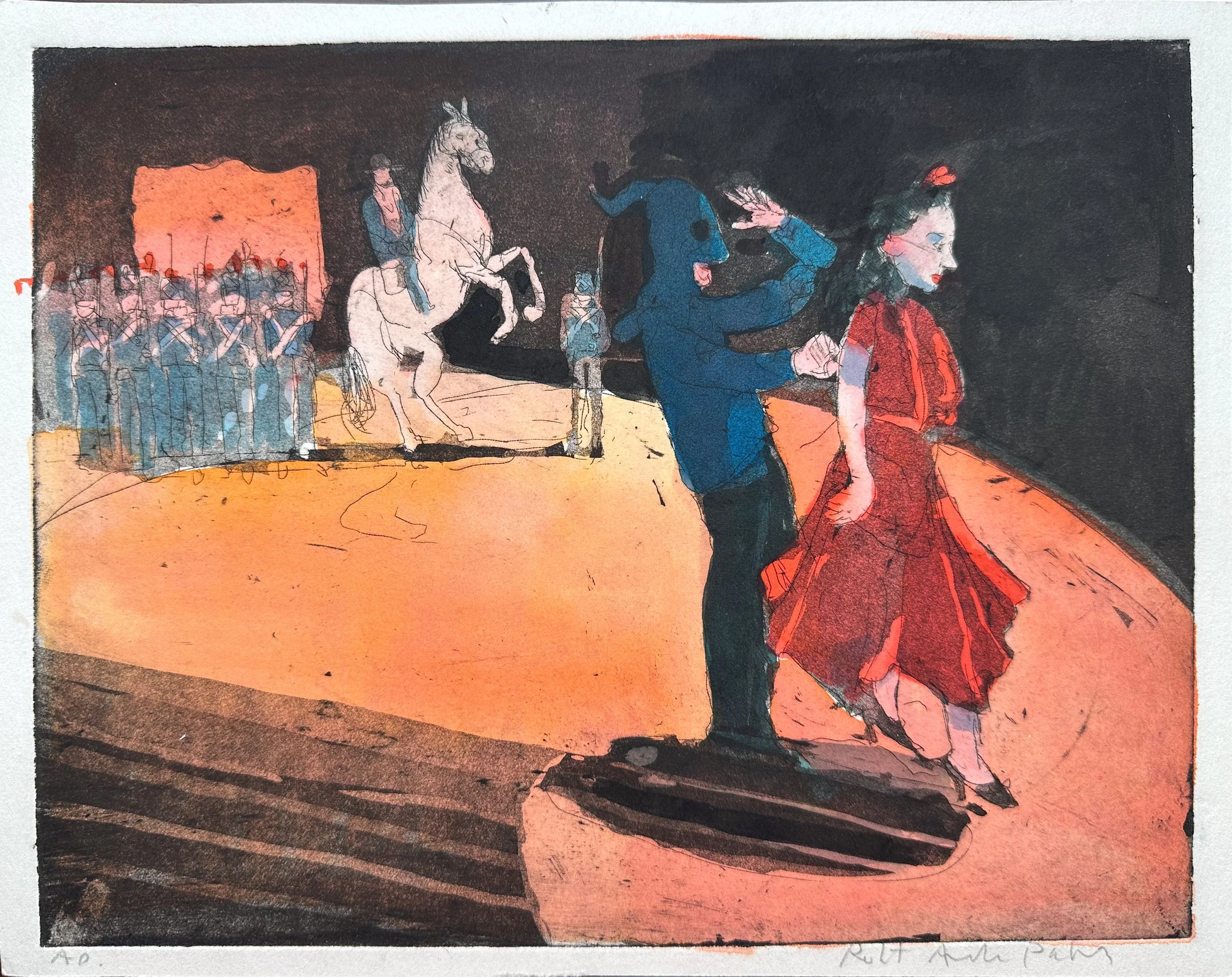Woman in a Red Dress - hand tinted monoprint - 9 3/4"H x 12 3/4"W