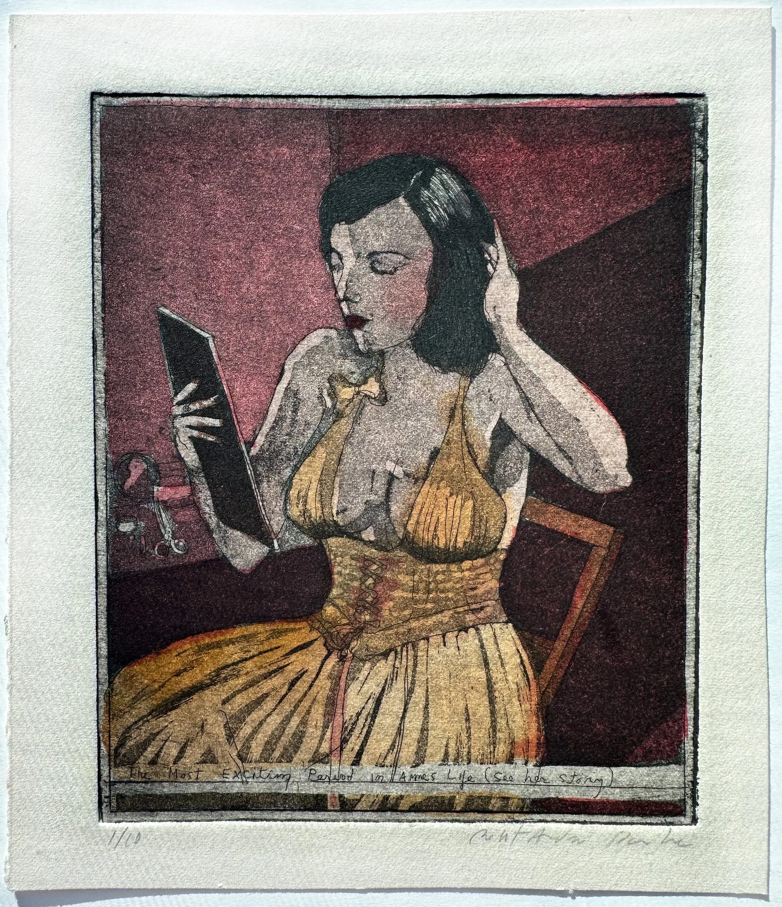 The Most Exciting Period in Annie's Life - hand tinted monoprint - 7"H x 6 3/4"W