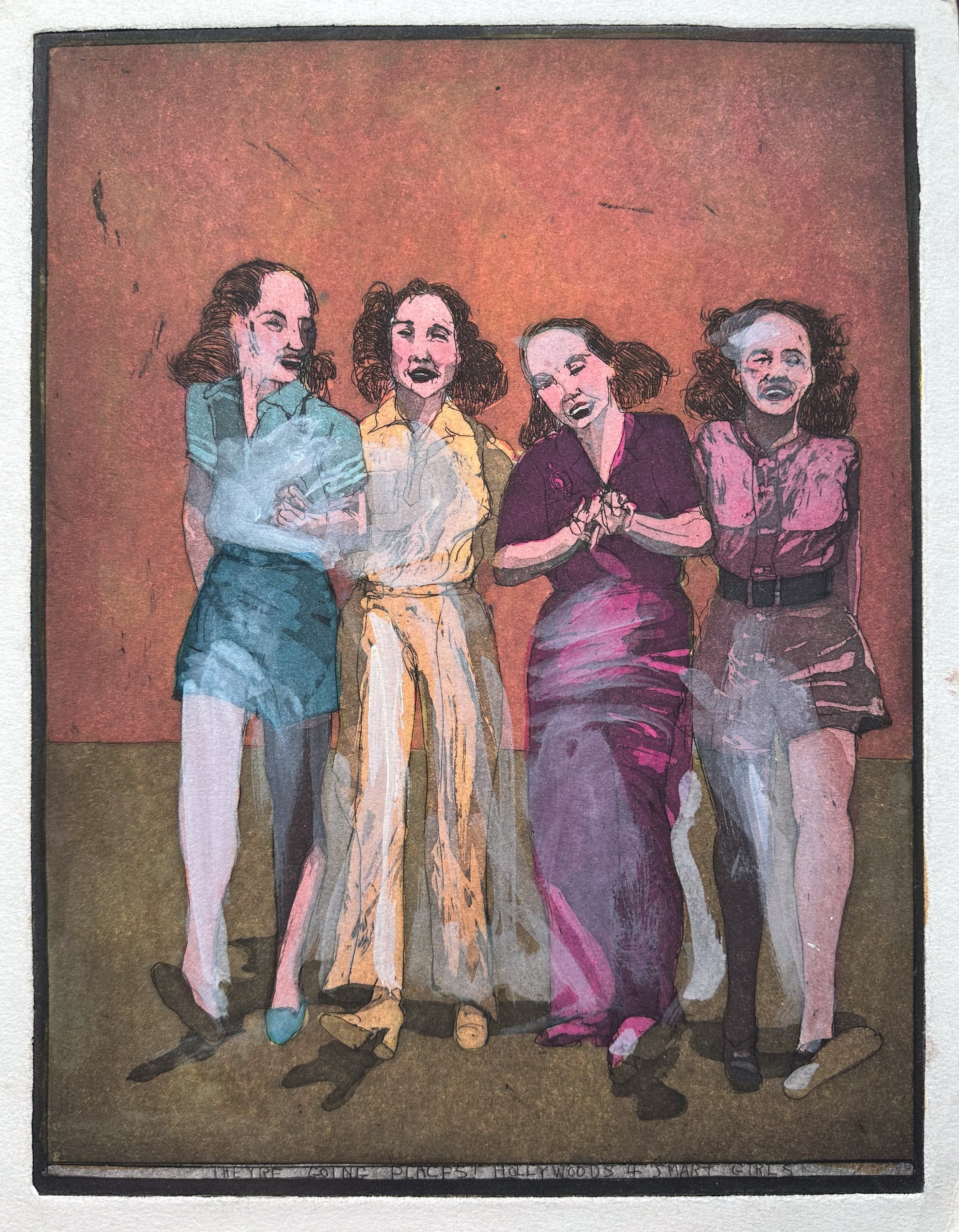 They're Going Places! Hollywood's 4 Smart Girls - hand tinted monoprint - 12 1/2"H x 9 3/4"W 