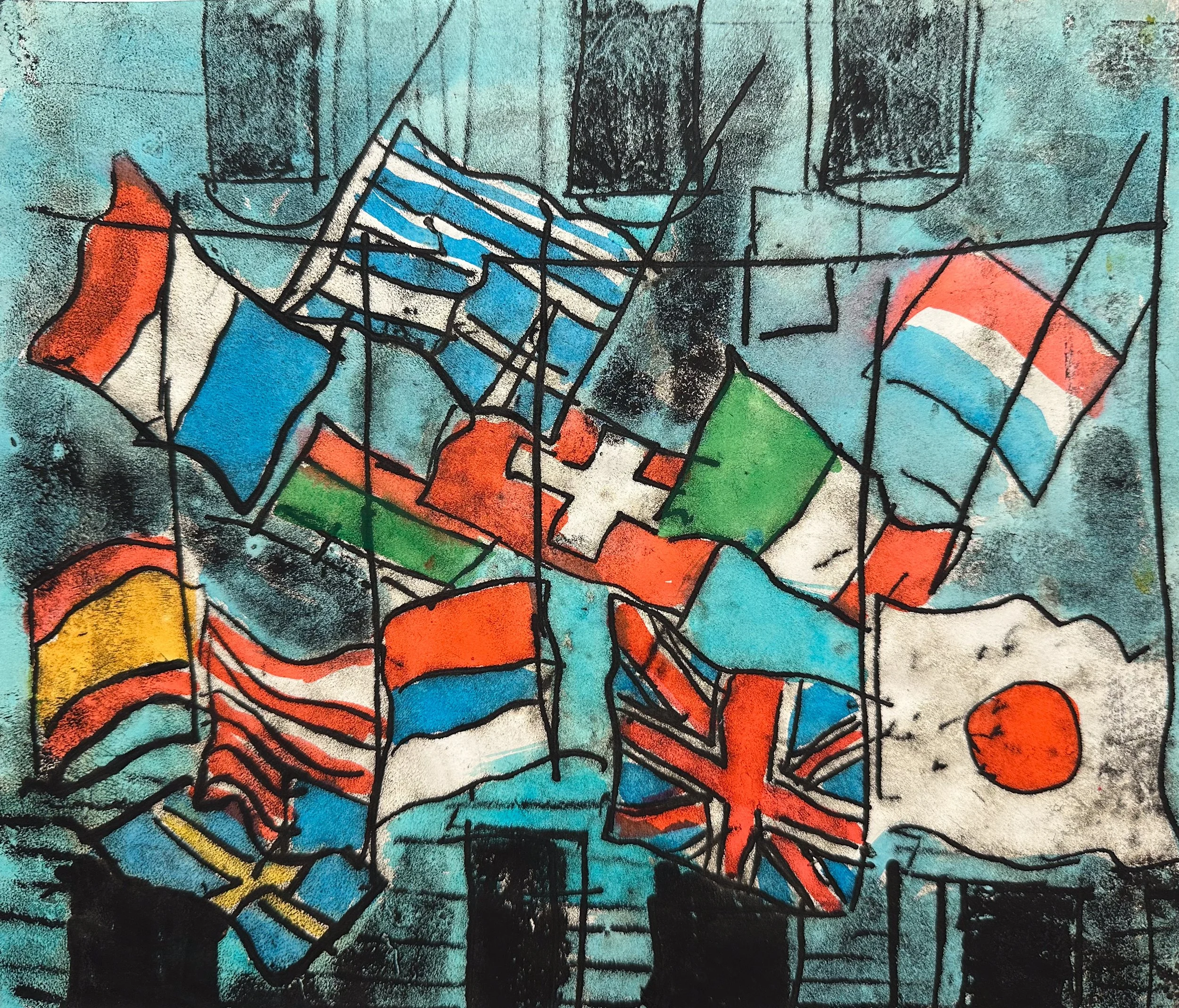 United Nations Flags - hand tinted monotype on paper - 9 3/4"H x 11 3/4"W