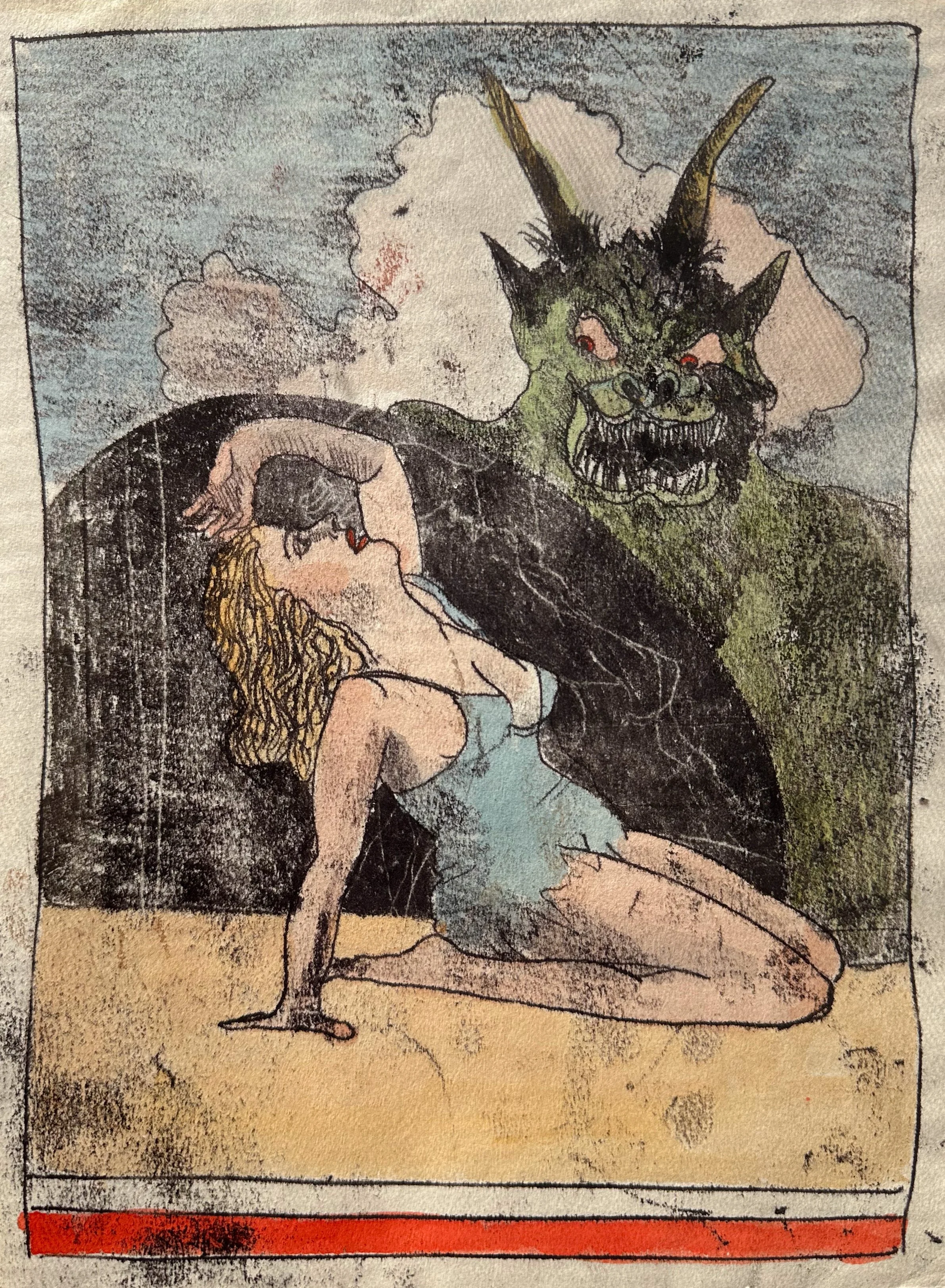 Monster - monotype on paper - 11"H x 8"W - For the Playboy Dime Mystery, 1975 - The Case of the Cockamamie Sisters