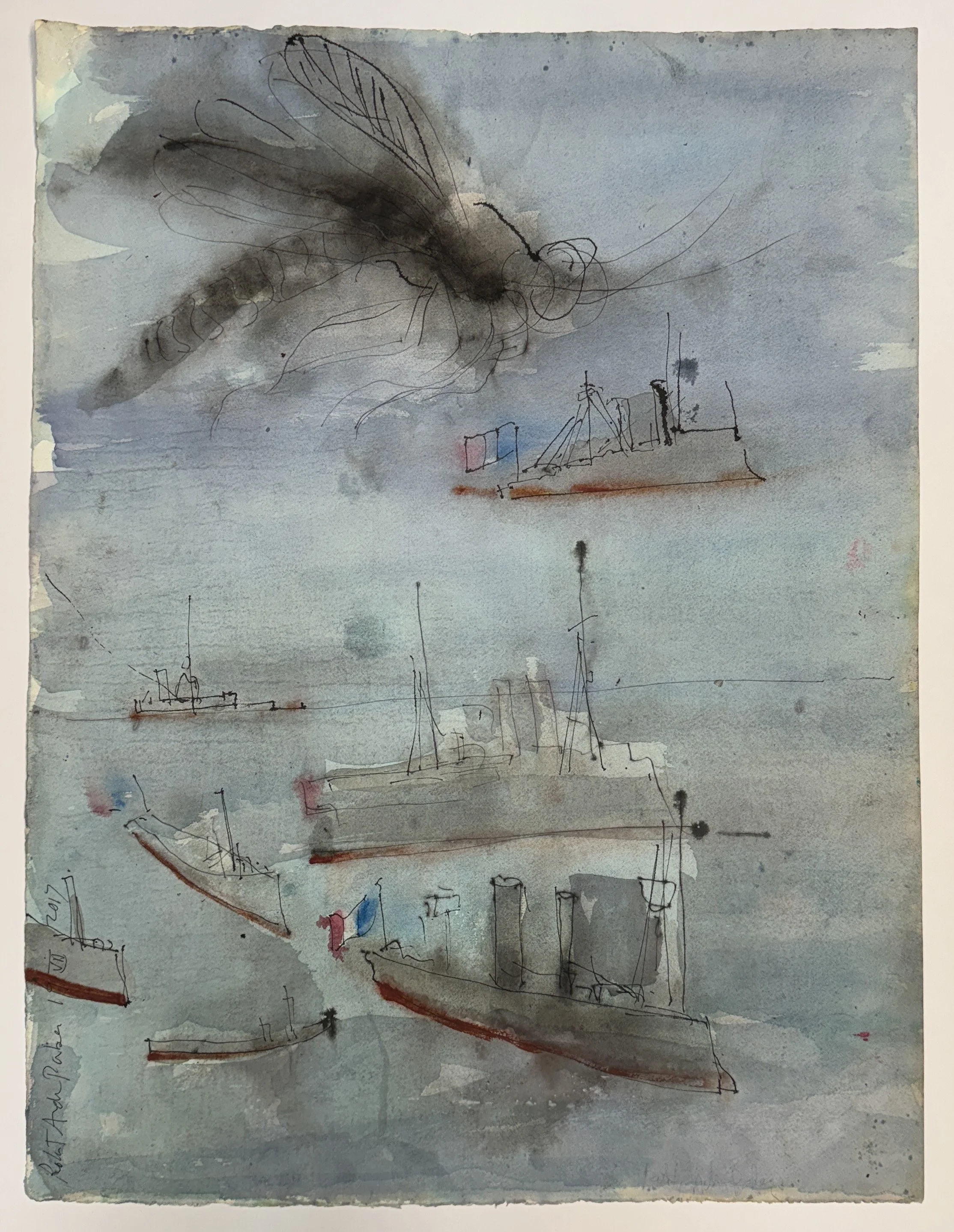 Fly in a Shipyard - watercolor on paper - 25"W x 18"W 