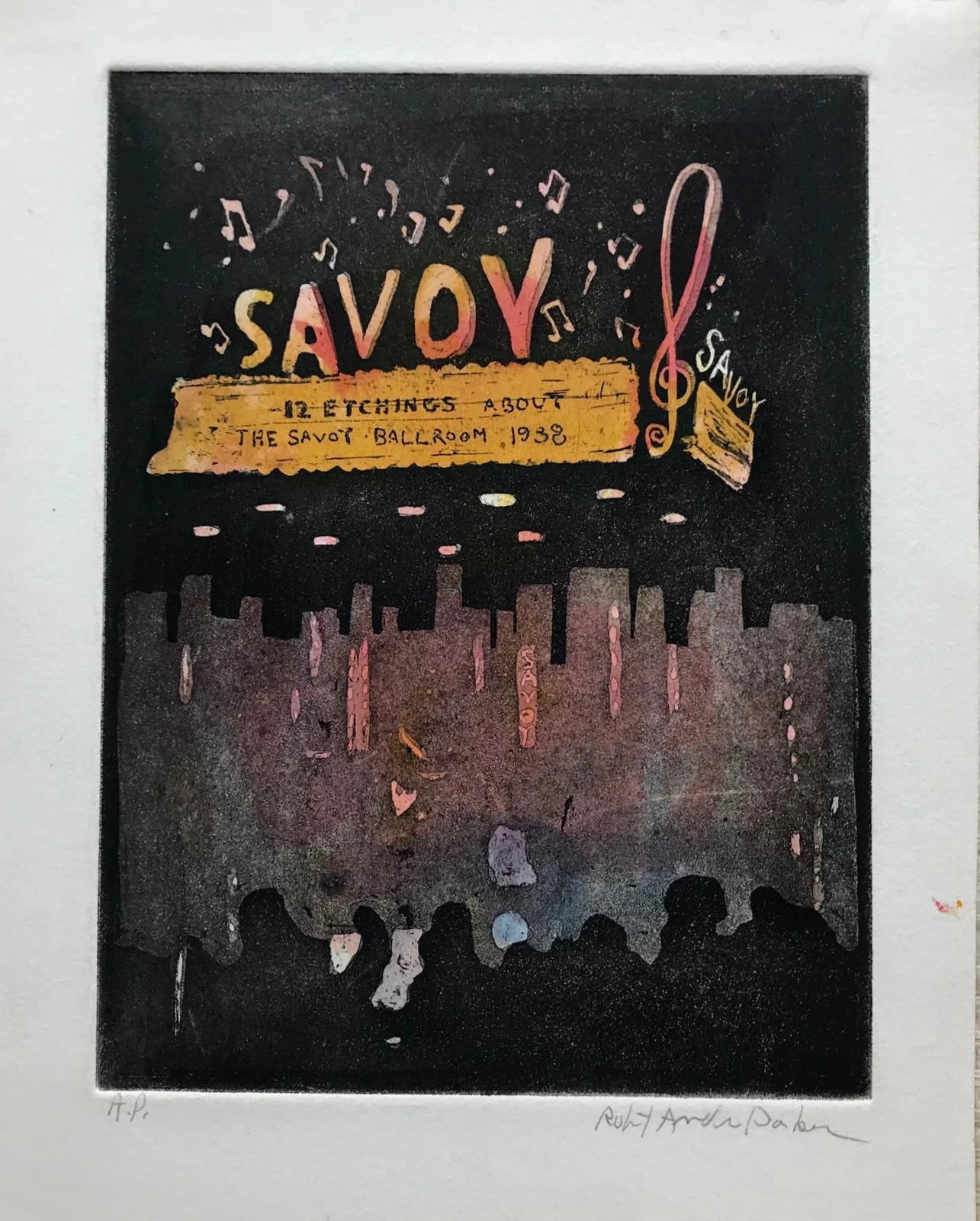The Savoy - hand tinted monoprint - 10"H x 7"W