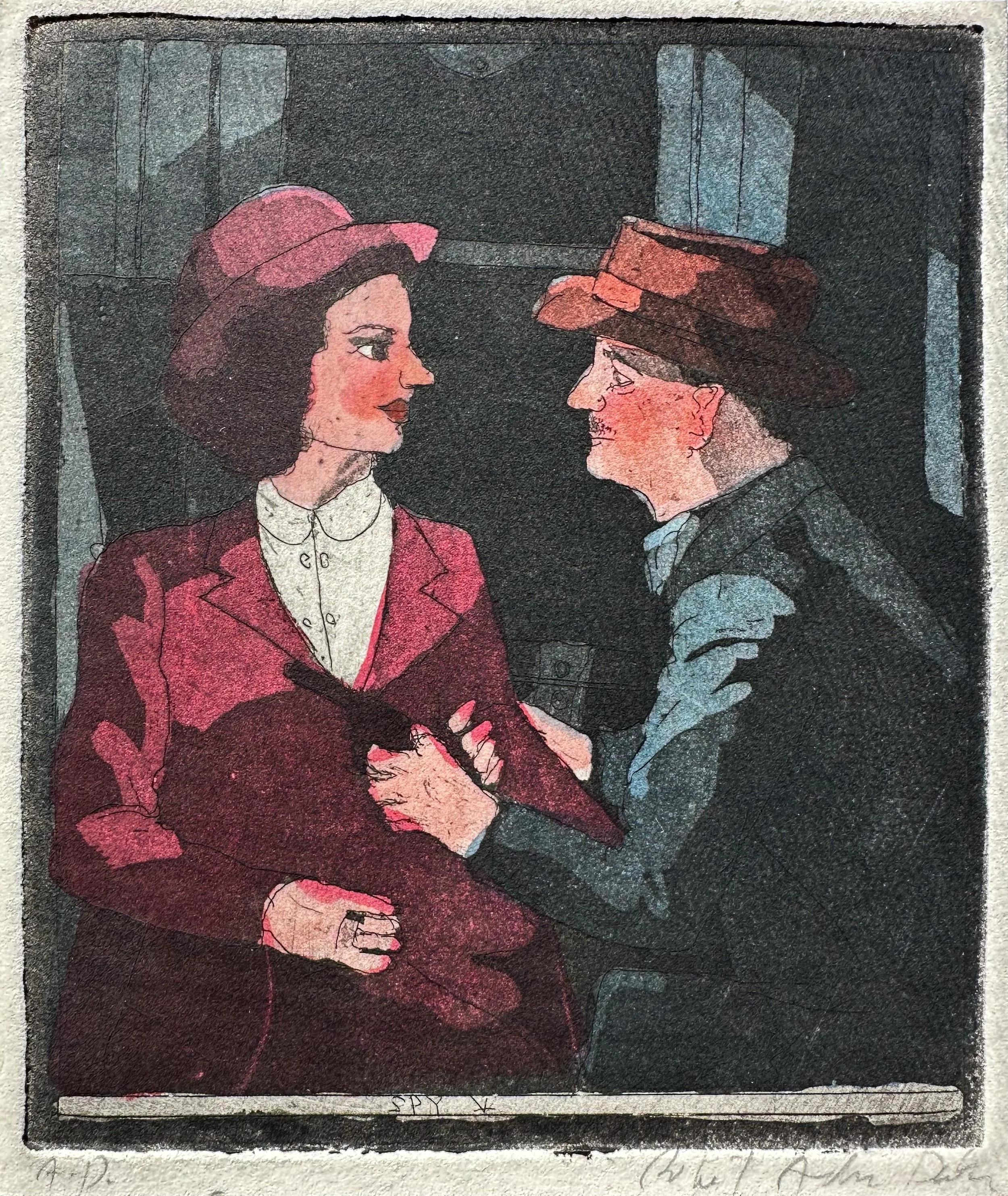 Spy V - hand tinted monoprint - 6"H x 5 1/4"W