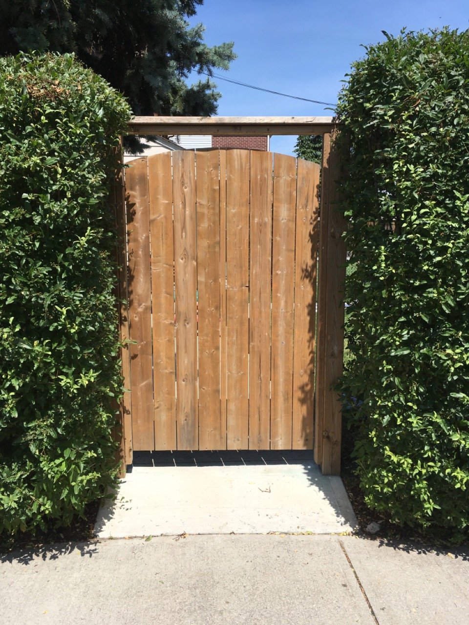 Wooden gate framed by green hedges, set on a concrete path, with a partly cloudy sky in the background.