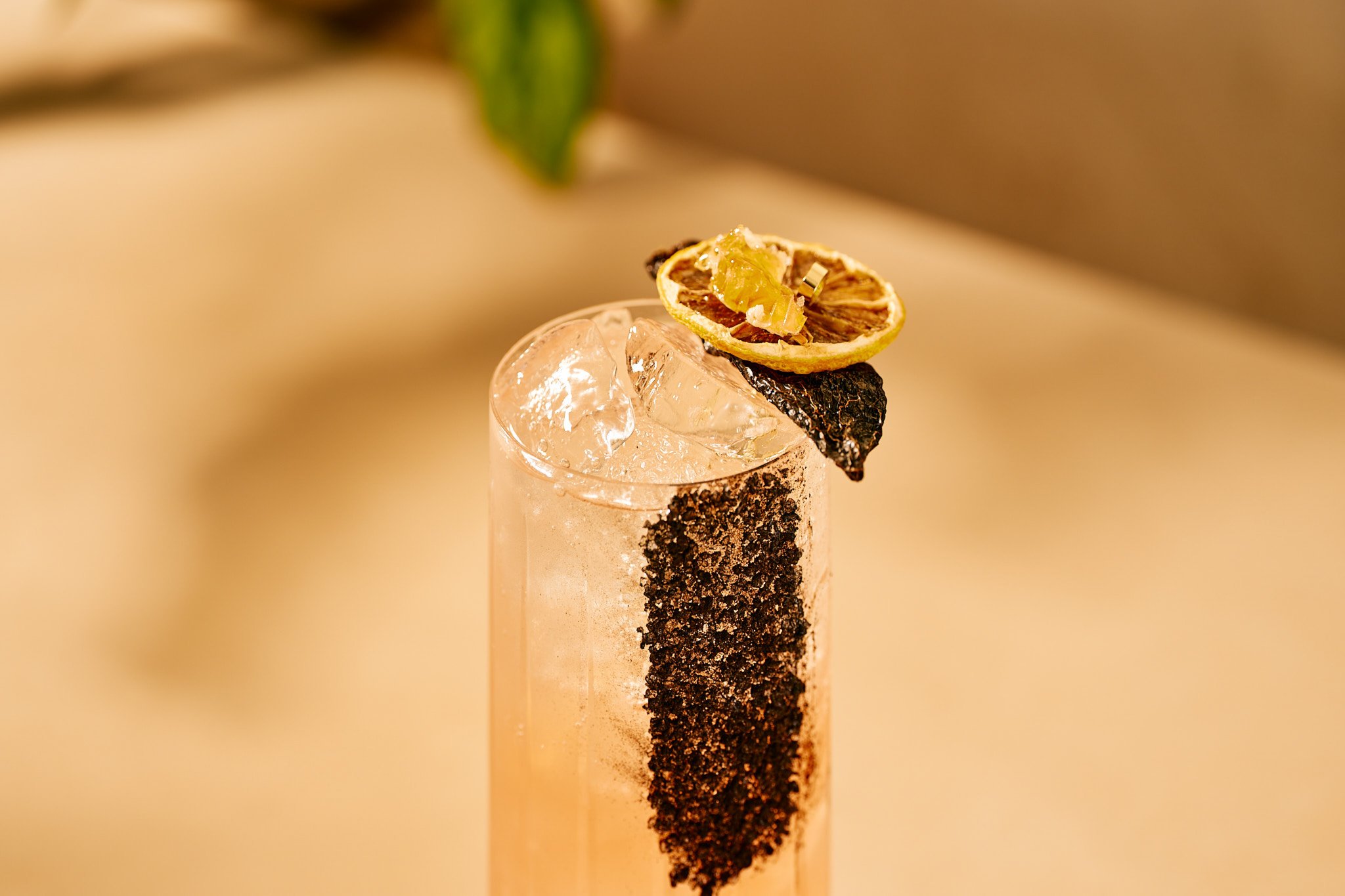 Beverage photography  for Richard Sandoval Hospitality featuring A tall glass cocktail with ice, a rim covered in black sugar, garnished with a dried lemon slice and some preserved fruit on top.