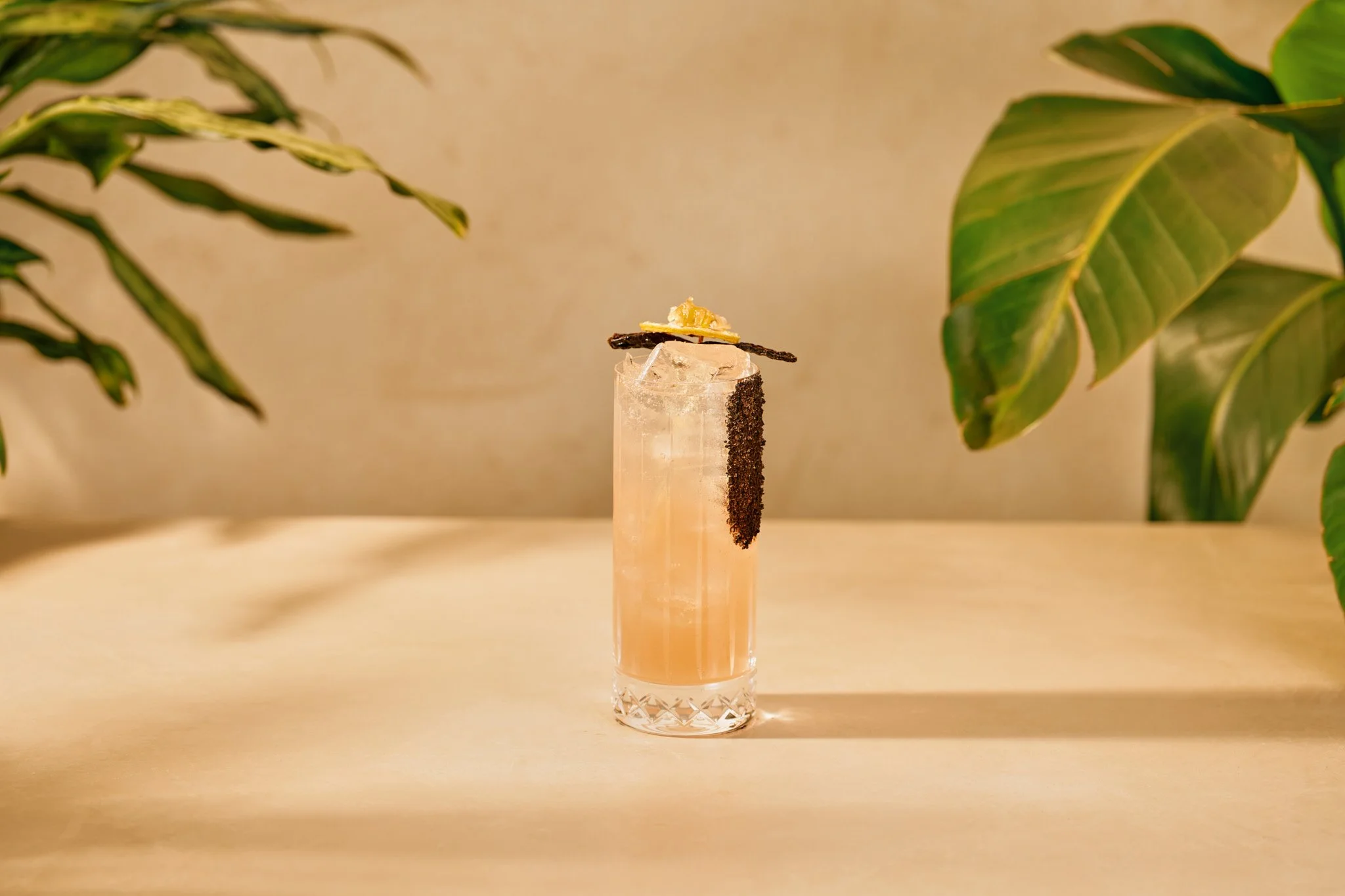 Beverage photography  for Richard Sandoval Hospitality featuring  A tall glass of pink cocktail with ice, garnished with a lemon peel, a vanilla bean, and a chocolate strip, set on a light-colored surface with green plant leaves on the sides.