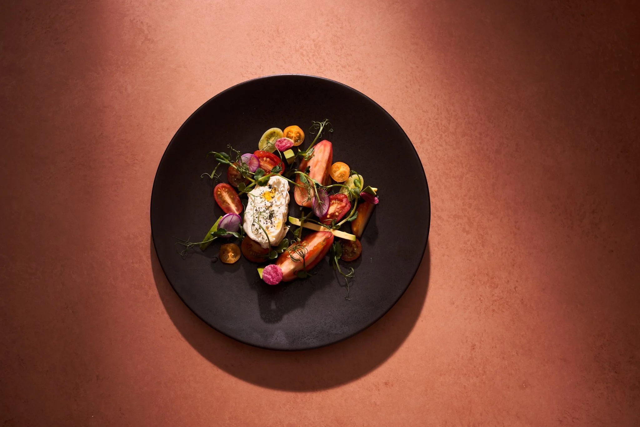 Food photography  for Richard Sandoval Hospitality featuring A black plate with a colorful salad containing cherry tomatoes, microgreens, thin apple slices, and a slice of brie cheese on a pinkish-brown surface.