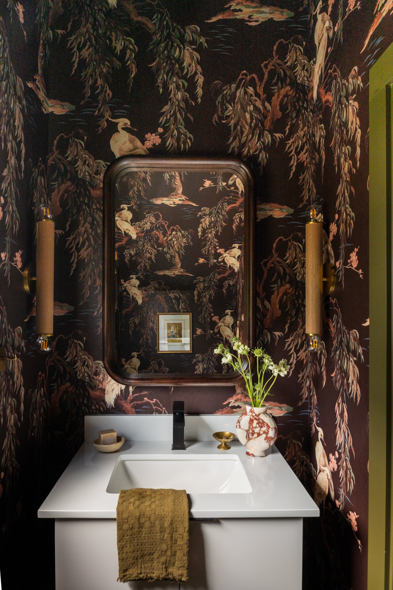Interior Photography for Audrey Scheck Design featuring a dark gothic themed powder bathroom