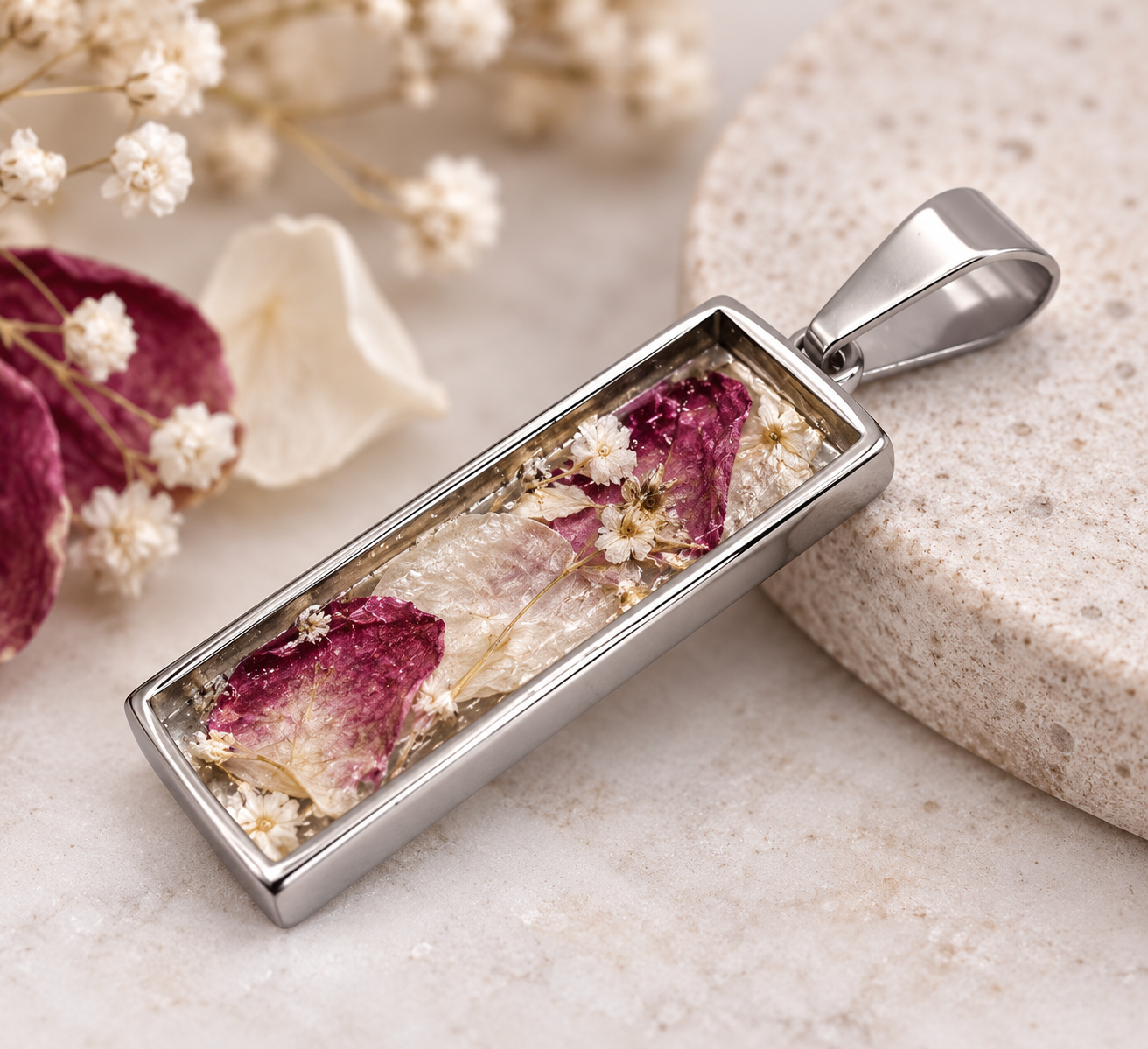 Flower Preservation Bar Pendant – Personalised Keepsake Necklace