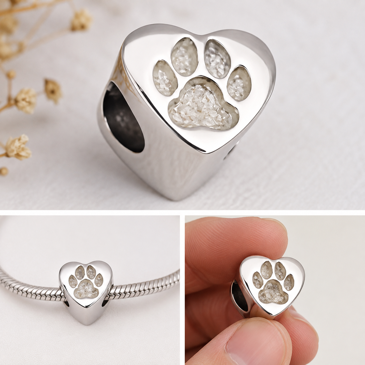 Pet Memorial Ashes Paw Print Heart Charm