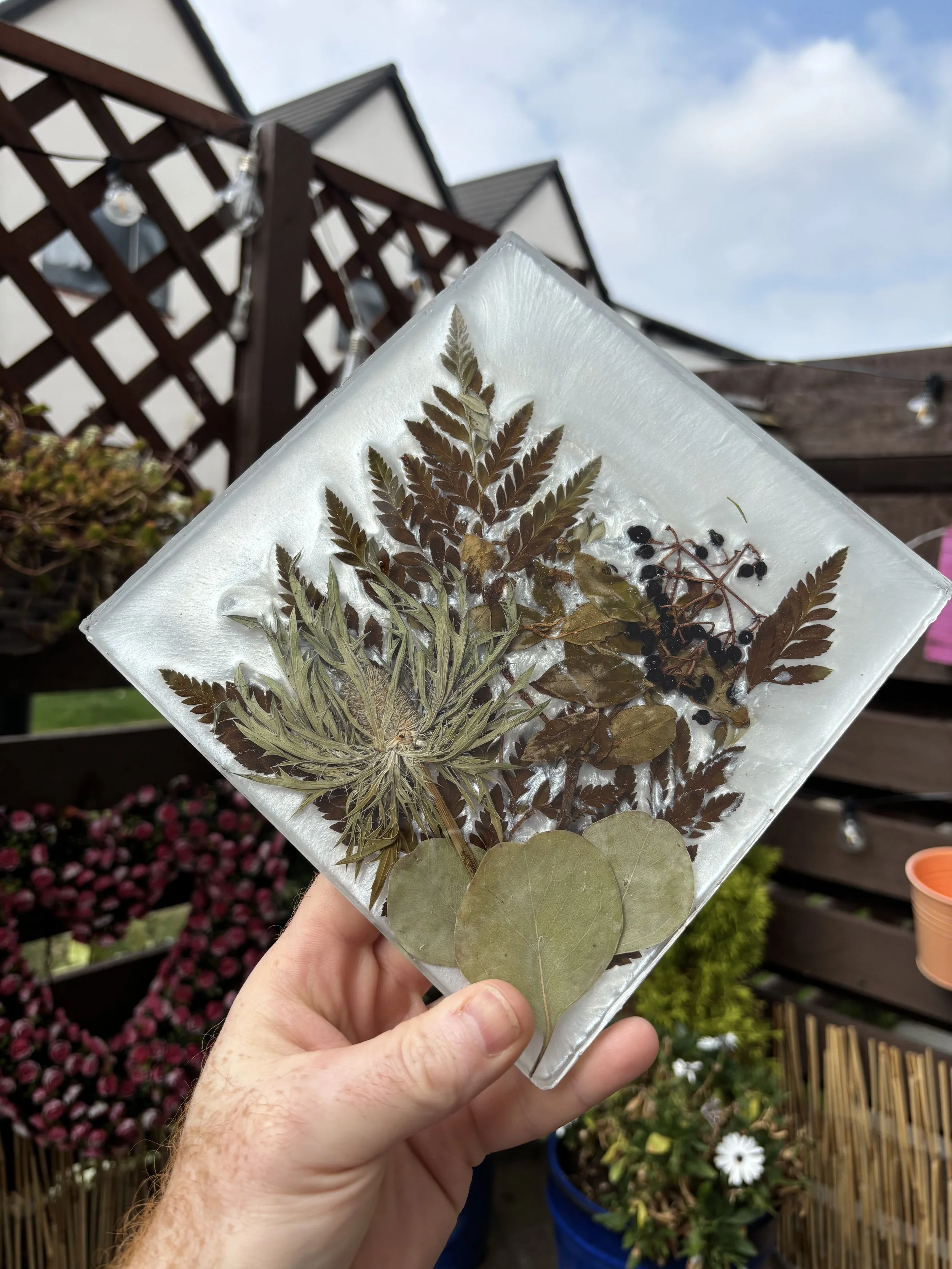 A hand holding a piece of ice with various dried leaves and berries embedded inside, outdoors on a wooden deck with plants and a cloudy sky in the background.