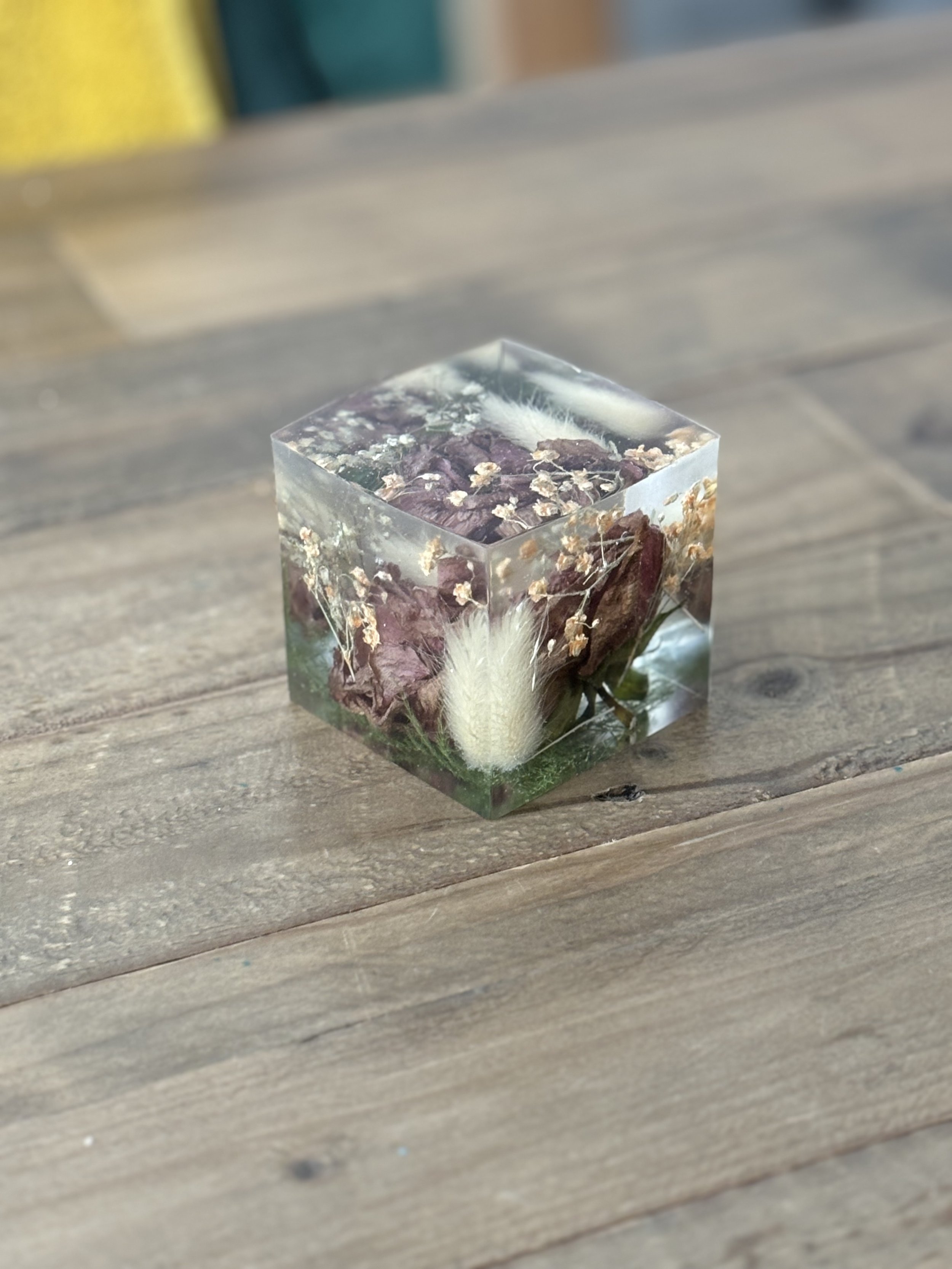A clear resin cube with dried plants inside, placed on a wooden surface.