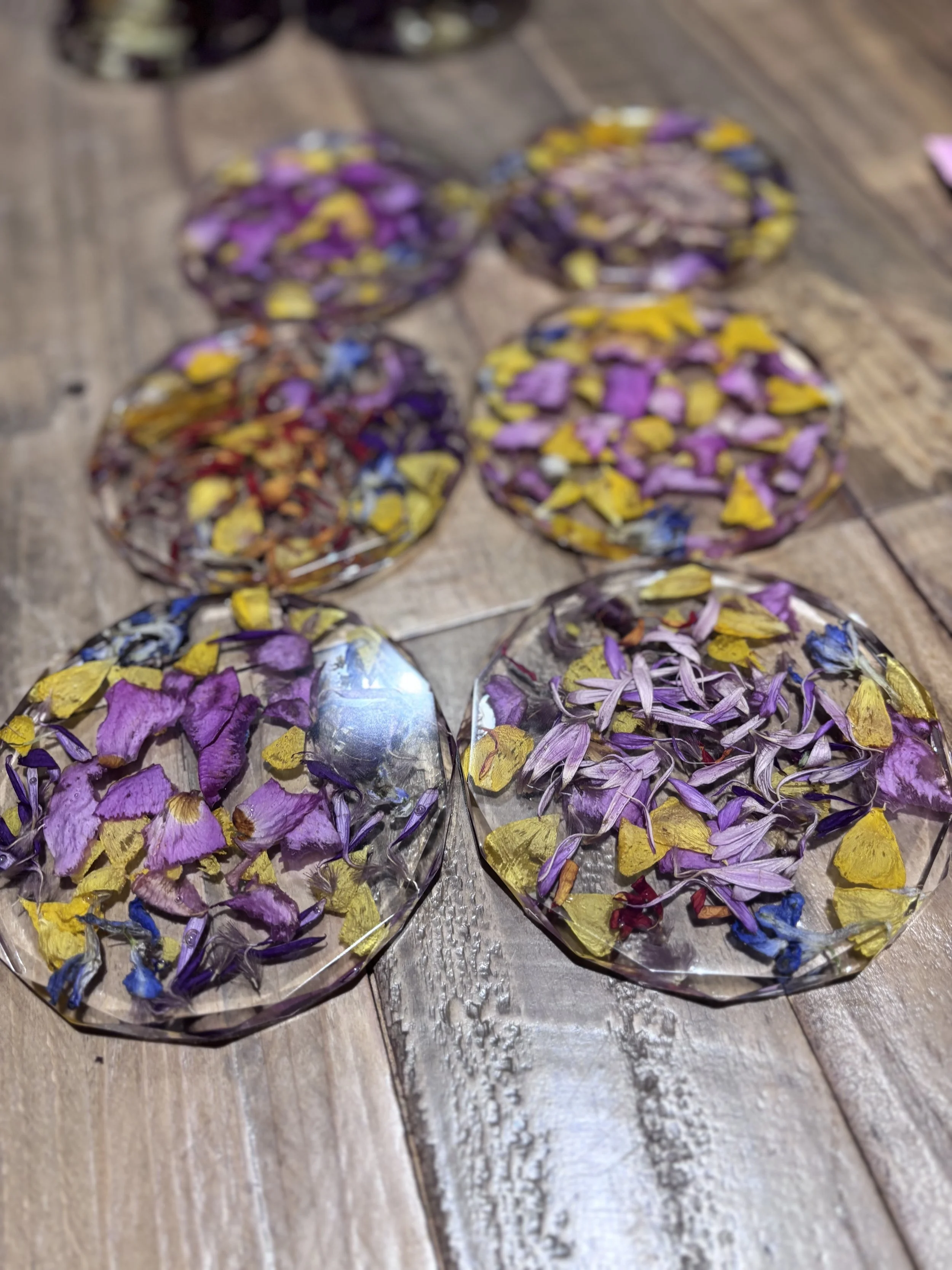 Eight clear glass coasters filled with dried colorful flower petals, arranged on a wooden surface.