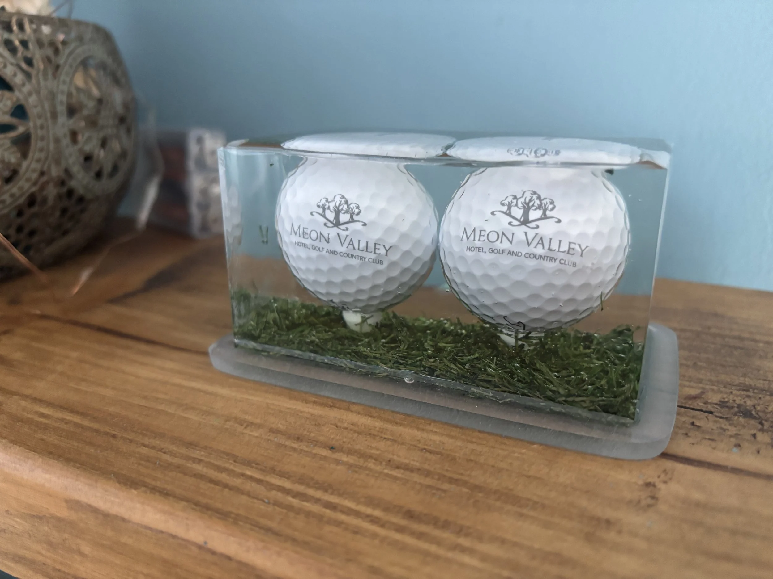 Two golf balls labeled 'Meon Valley' submerged in a clear acrylic block filled with water, positioned on a wooden surface with some green moss underneath.