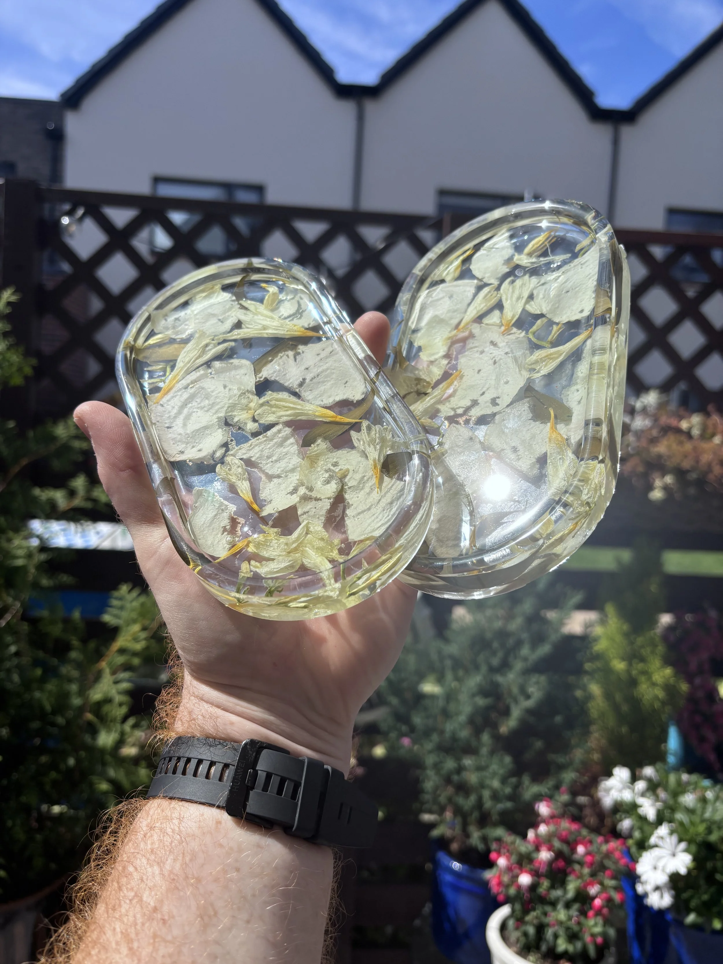 A person holding two glass marbles filled with small dried flower petals in an outdoor garden with houses in the background.