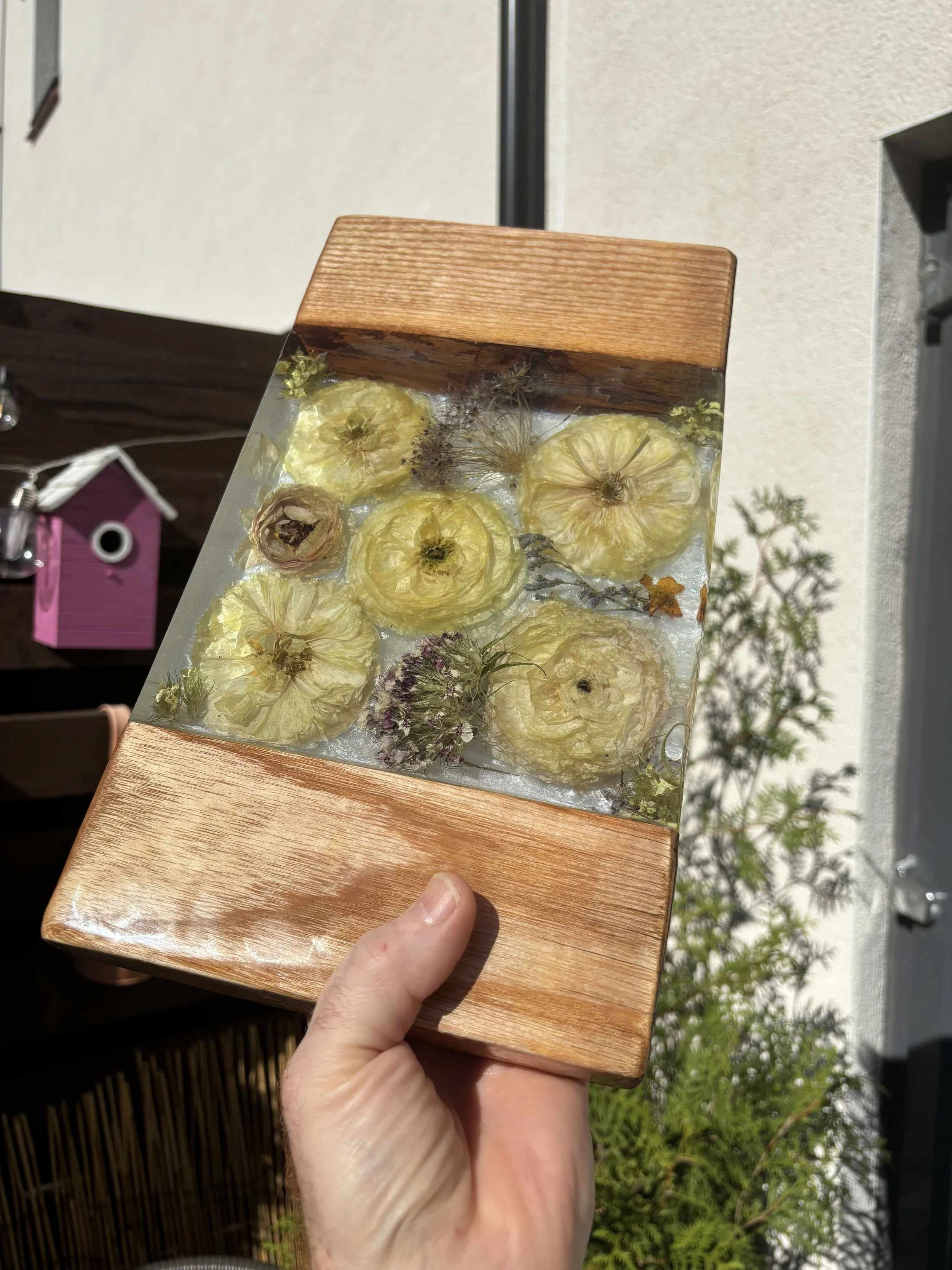 Hand holding a wooden and glass display case containing dried yellow flowers and plants.