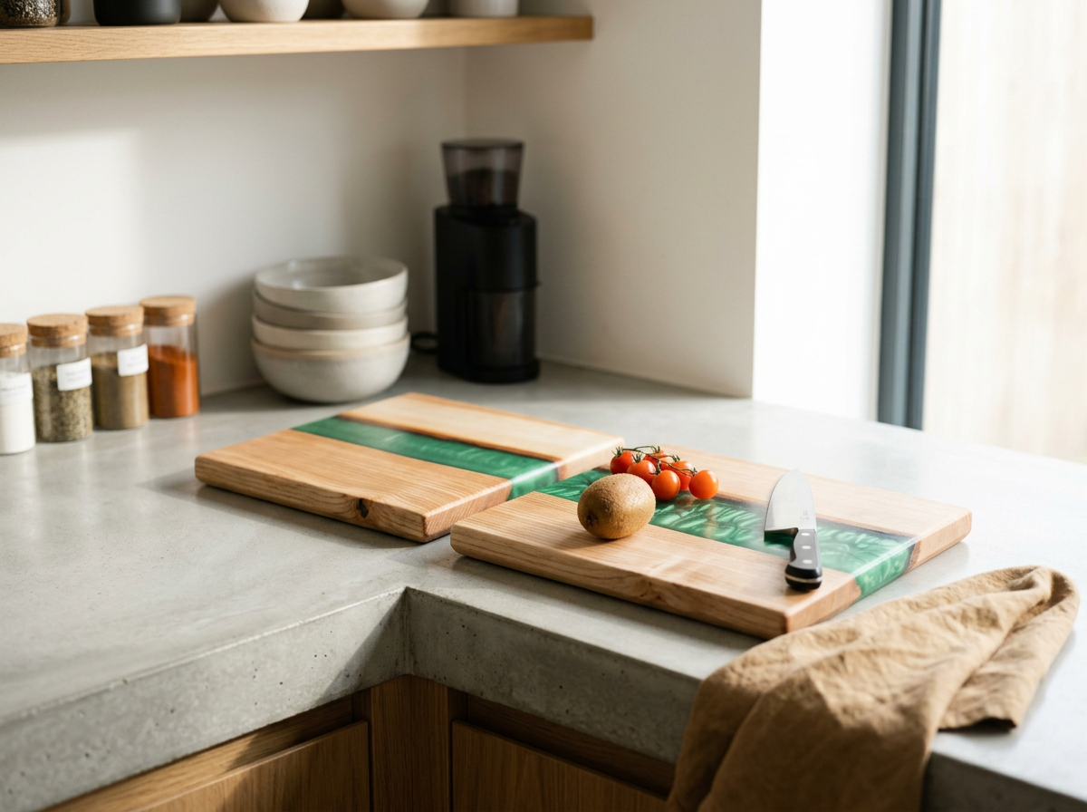 English Olive Ash & Emerald Green Resin Chopping Block – Handmade Kitchenware
