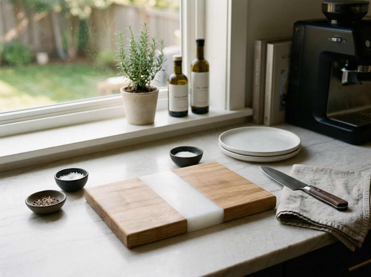 English Beech & Pearl White Resin Chopping Block – Handmade Kitchenware