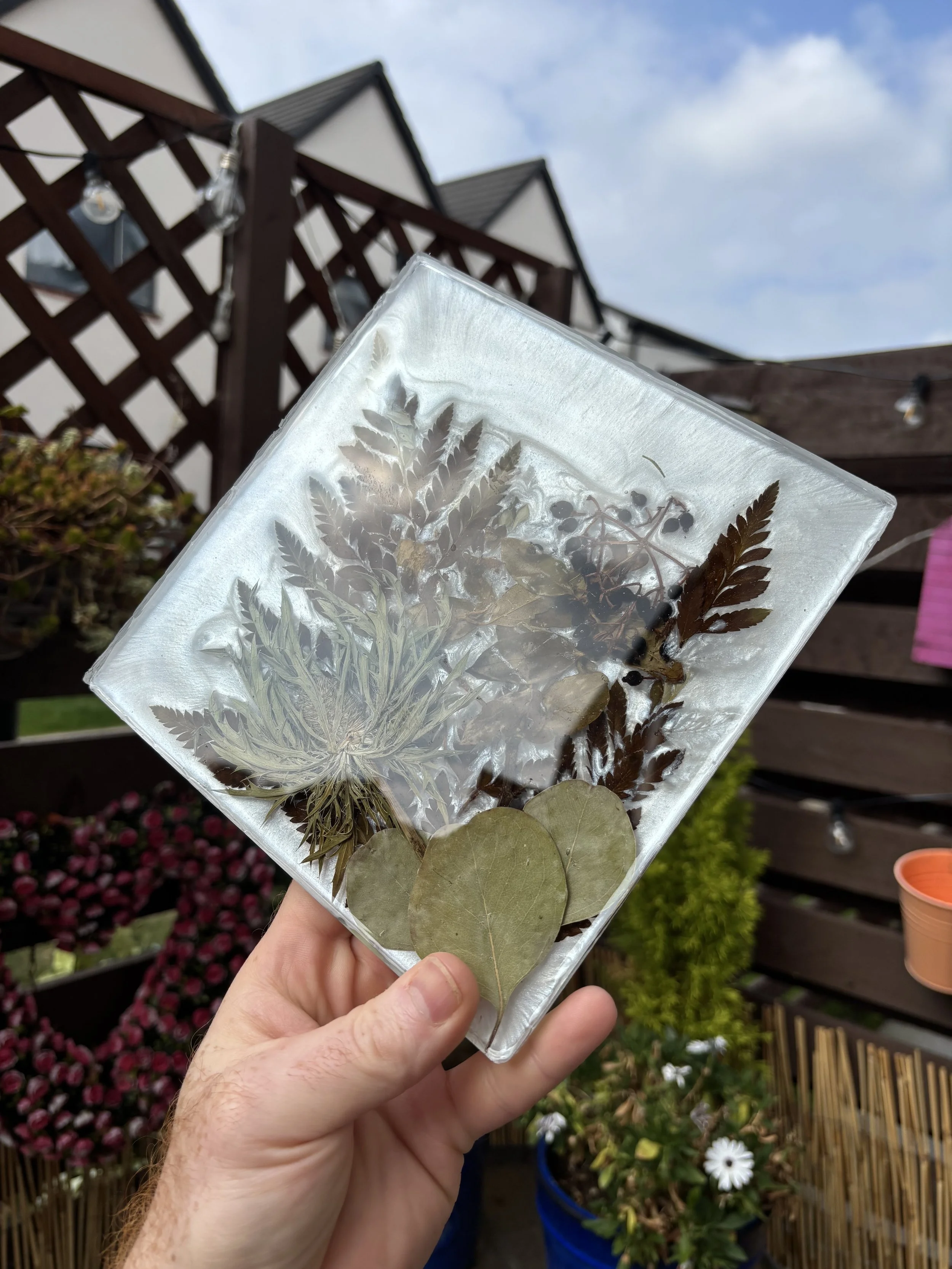 Hand holding a transparent ice cube with pressed leaves inside, outdoors on a patio with plants and a wooden fence in the background.