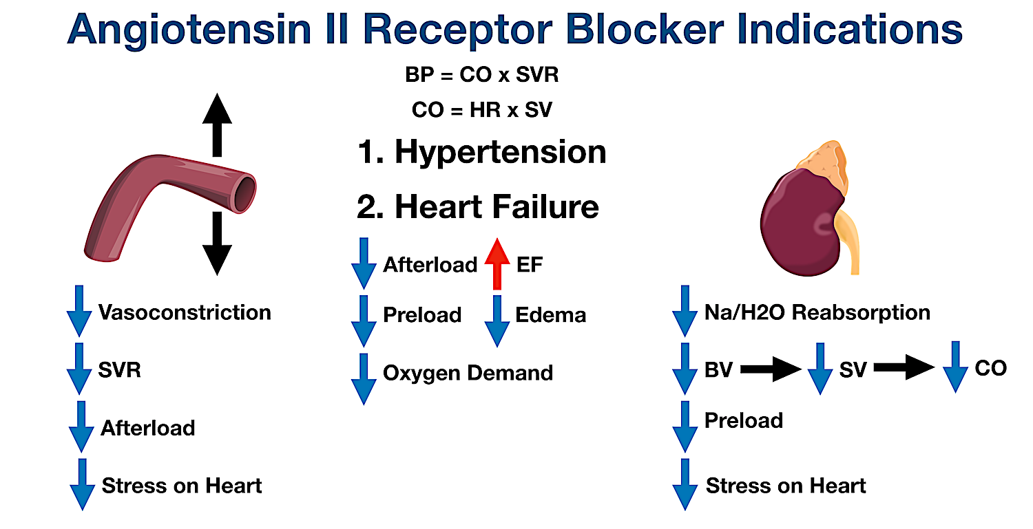 ARBs can be used in heart failure as they decrease afterload, preload, and overall oxygen demand/stress on the heart. Reducing afterload can improve the ejection fraction (EF) of the heart, and reducing preload can decrease edema.