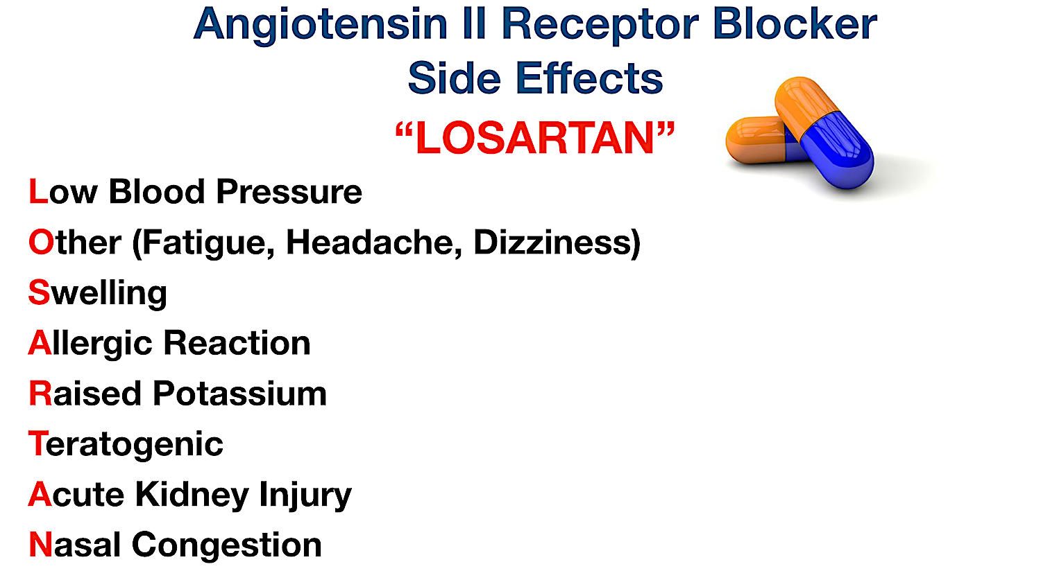 ARB Side Effects: Use the mnemonic “LOSARTAN”.