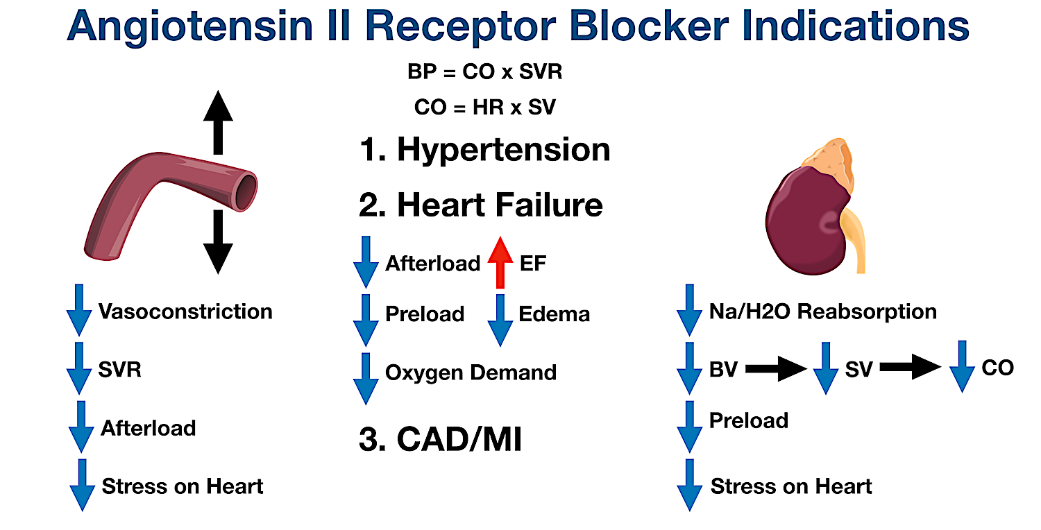 ARBs can be used in coronary artery disease (CAD) or after a myocardial infarction (MI) as they decrease afterload, preload, and overall oxygen demand/stress on the heart.