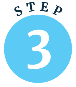Step 3 circular icon in blue with white number 3 and dark blue text above.