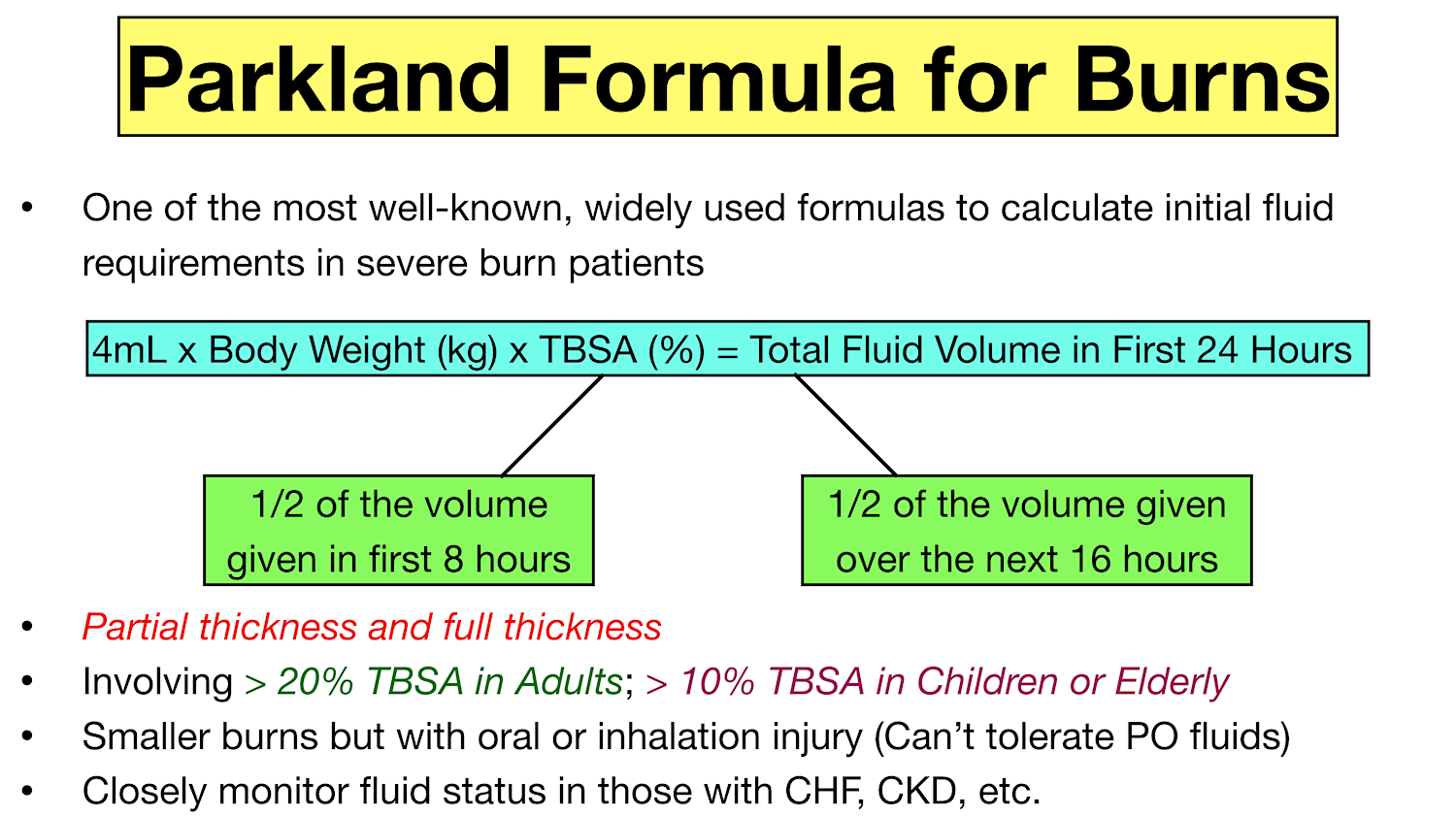 parkland formula for burns calculator, examples, indications, uses