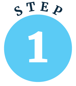 A circular blue emblem with the text 'STEP 1' at the top and a large number '1' in the center.