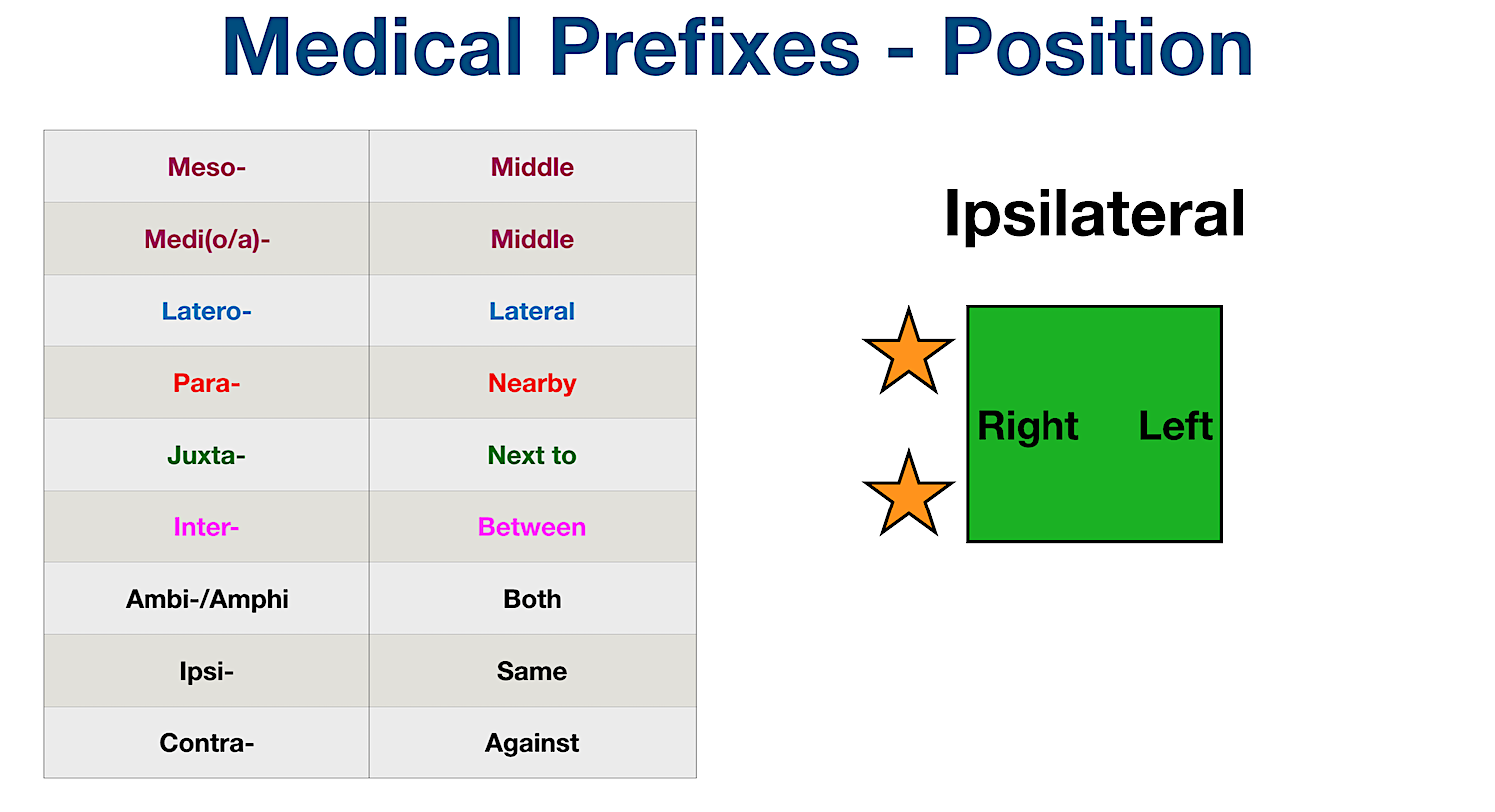 Medical Terminology: Ipsilateral - Belonging to or occurring on the same side of the body