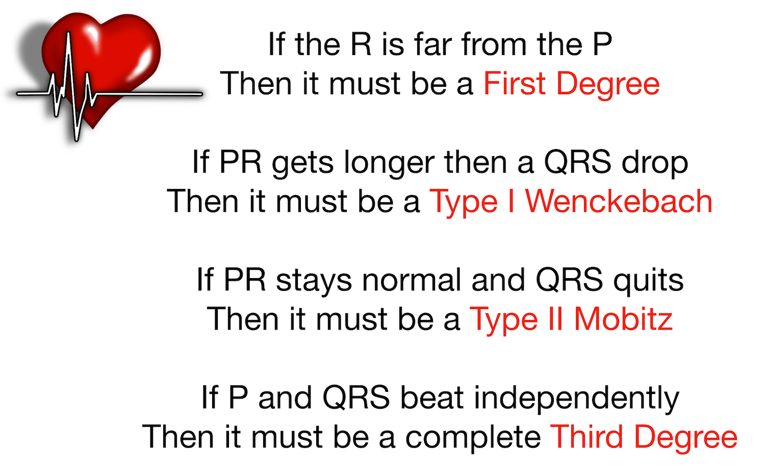 Heart block poem to remember the different types and their associated EKG rhythm.