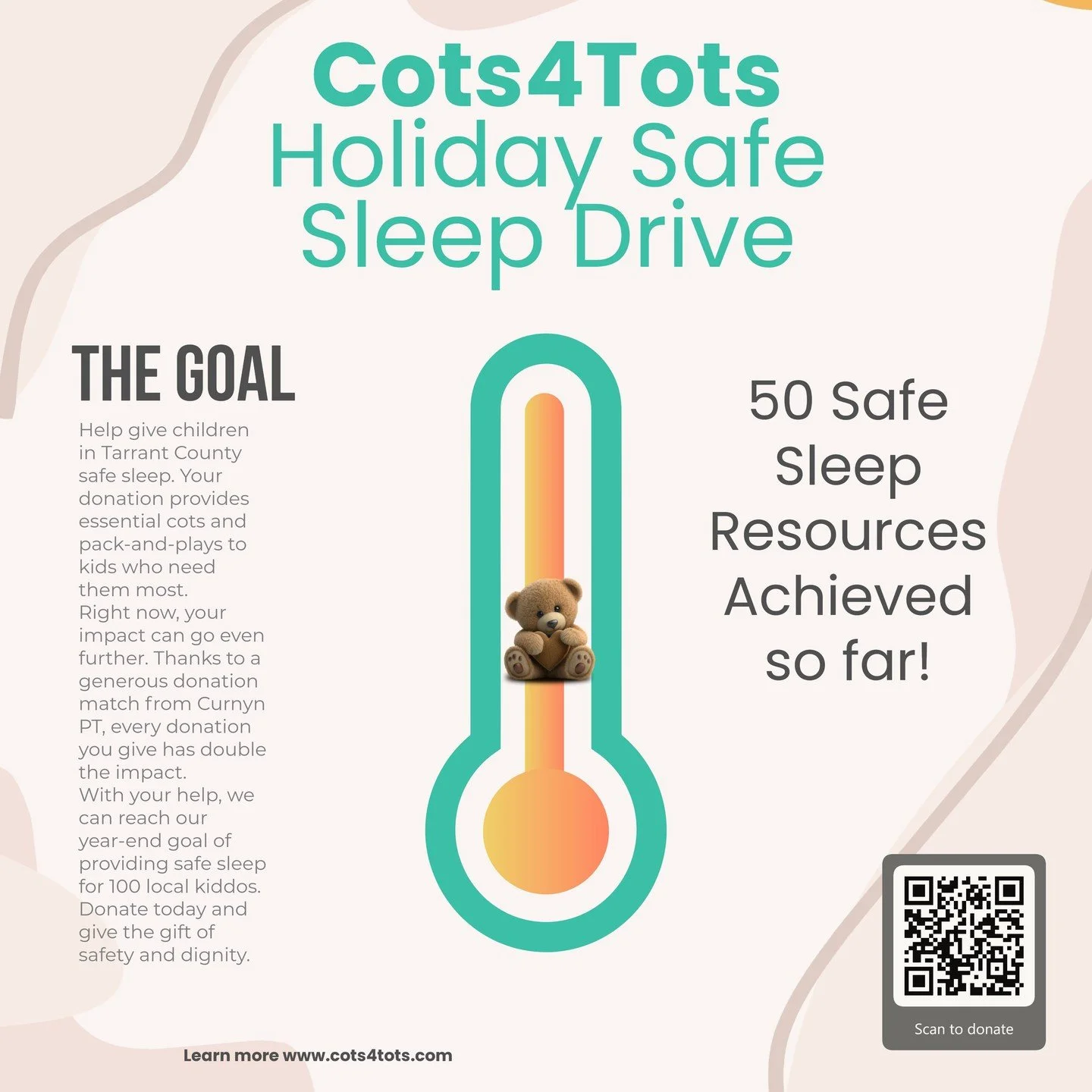We're almost there! 🎉

Thanks to your generosity, we've already surpassed 50% of our goal of 100 safe sleep spaces for @cots4totstx. 

To help us create 100 safe sleep spaces, Curnyn PT is proudly matching all donations. 

Donate today and double yo