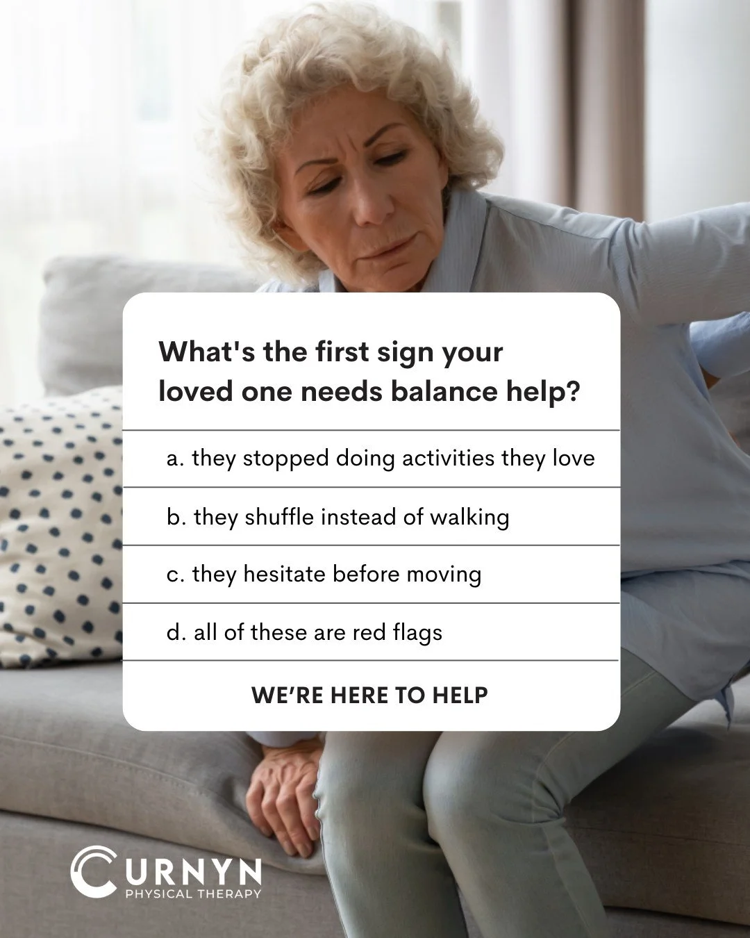 If your parent does any of these, it's time to worry about their balance 👀

Shuffling, gripping furniture, struggling to stand... these aren't just "getting older." 

They're warning signs PT can fix before a fall changes EVERYTHING.

Down