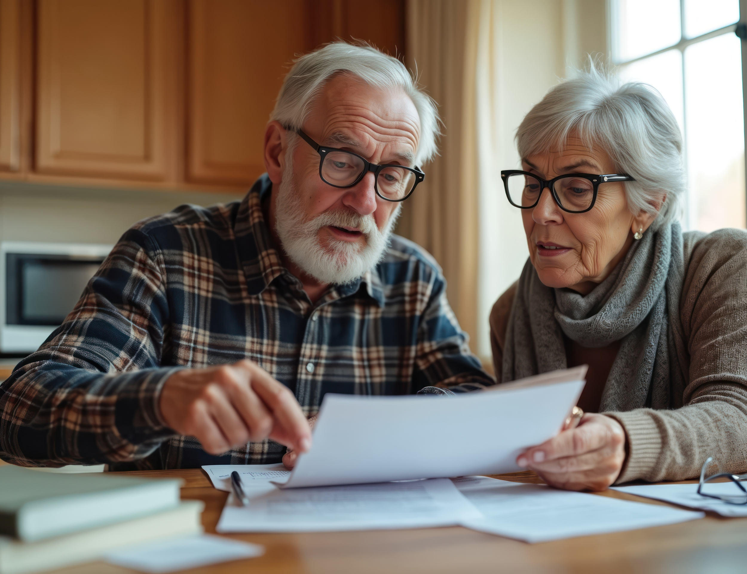 Mature couple reviewing Medicare enrollment paperwork and a laptop at their kitchen table