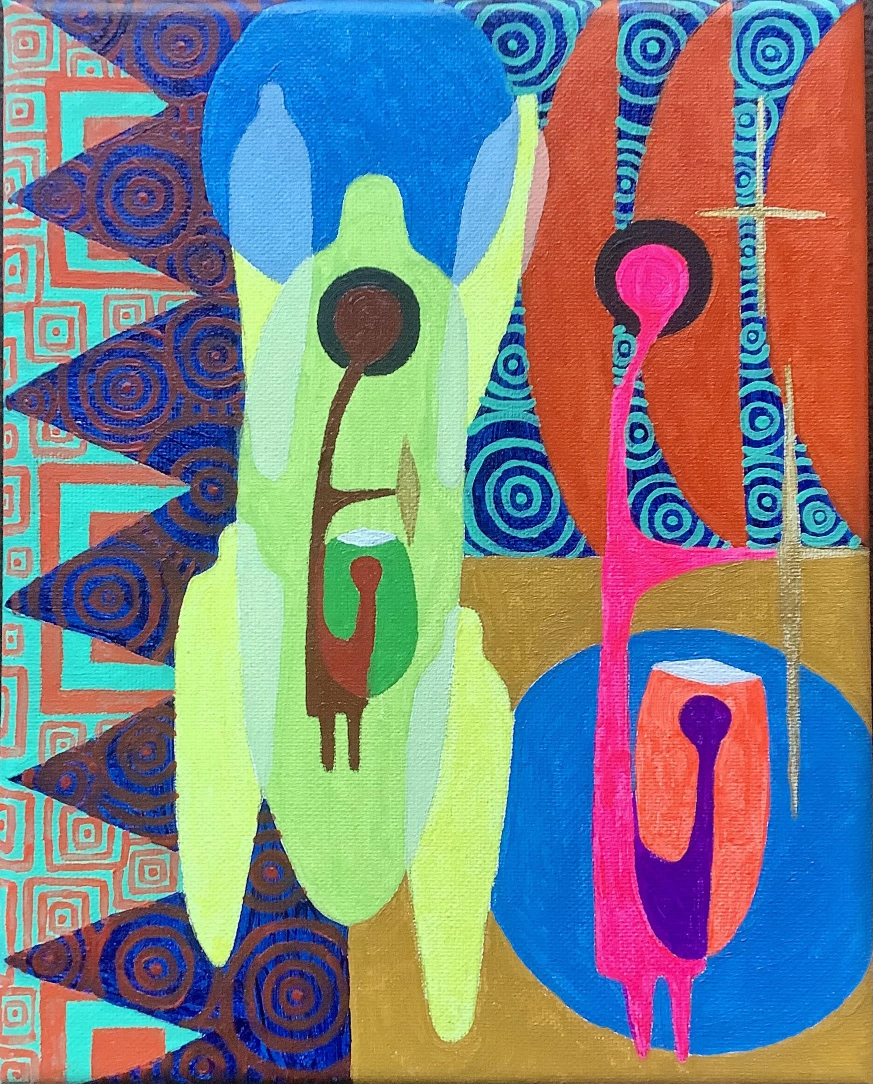 Abstract painting of three stylized human figures with elongated features, vibrant blue, pink, green, and orange areas, patterned backgrounds with geometric and spiral designs.