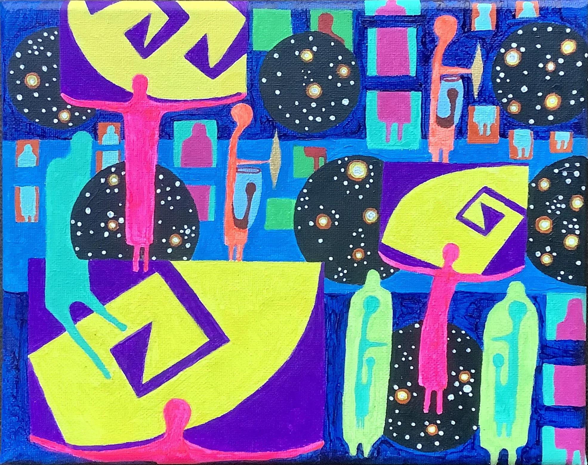 Colorful abstract artwork featuring human figures, geometric shapes, and patterns with bright neon colors including yellow, pink, blue, purple, and green.