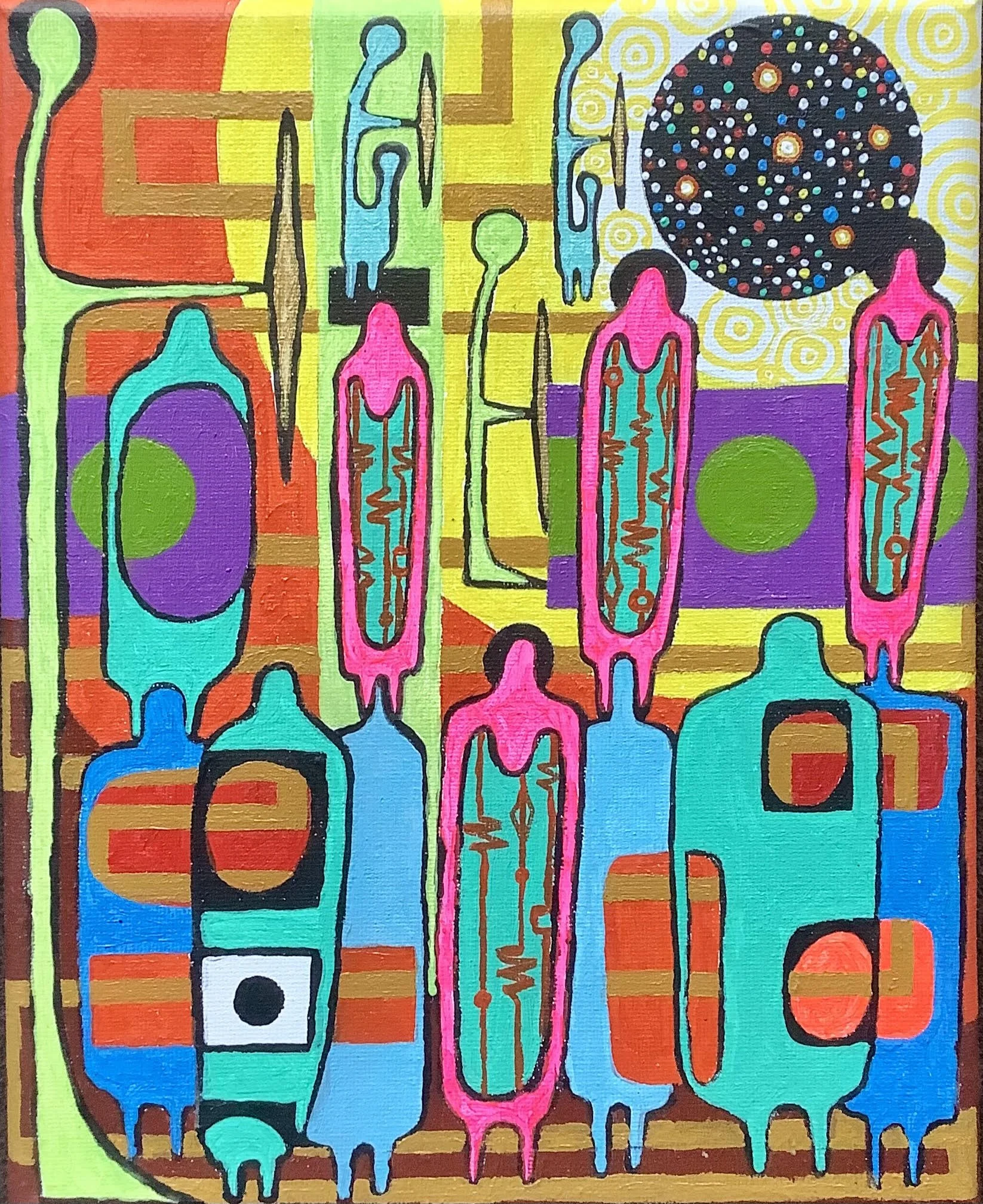 Colorful abstract painting featuring elongated shapes with black outlined patterns, bright colors including pink, blue, green, yellow, orange, and purple, with various dots and lines, and a large black circle filled with multicolored dots.