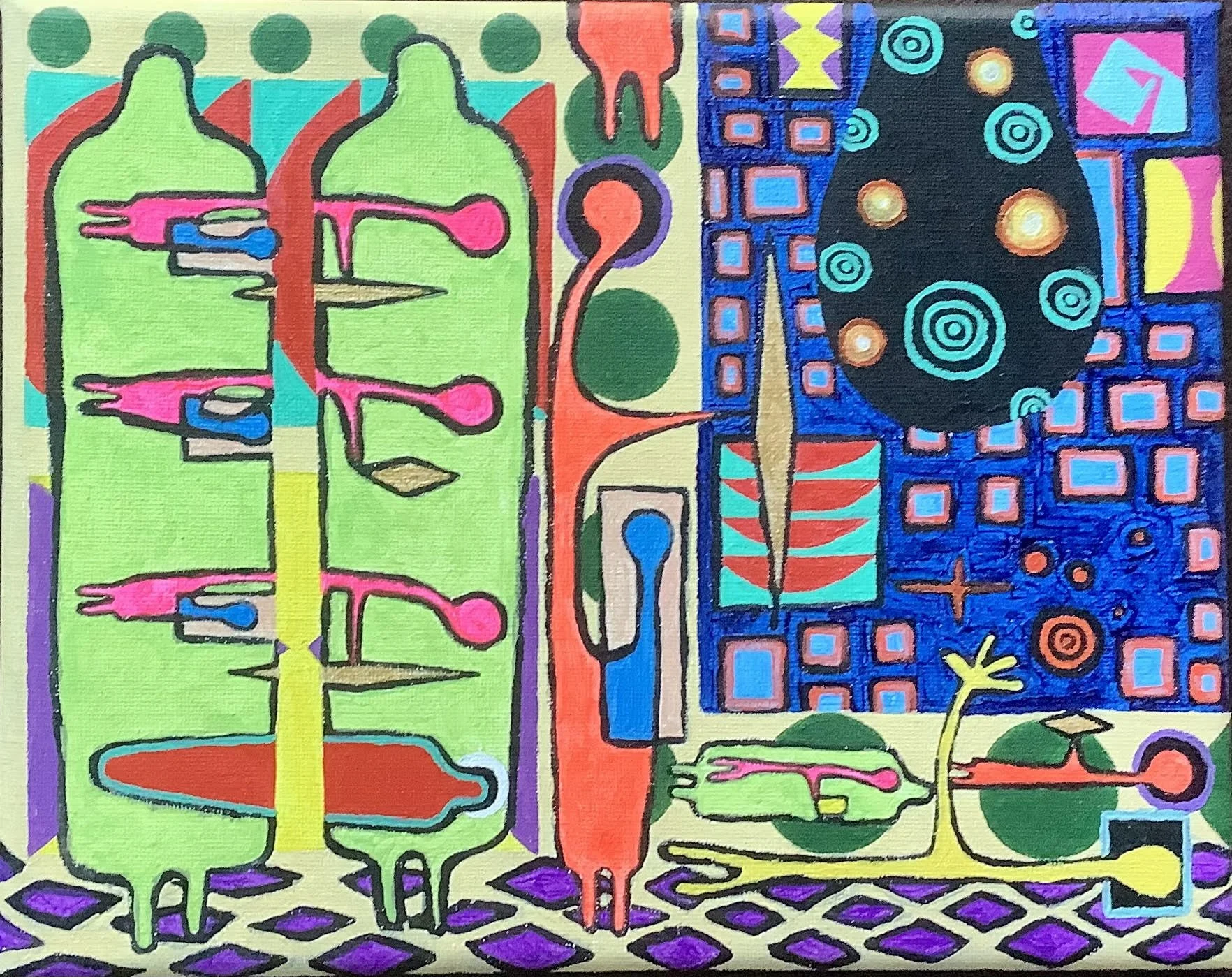 Colorful abstract painting with symmetrical human-like figures and geometric patterns, predominantly in green, red, blue, pink, and yellow.