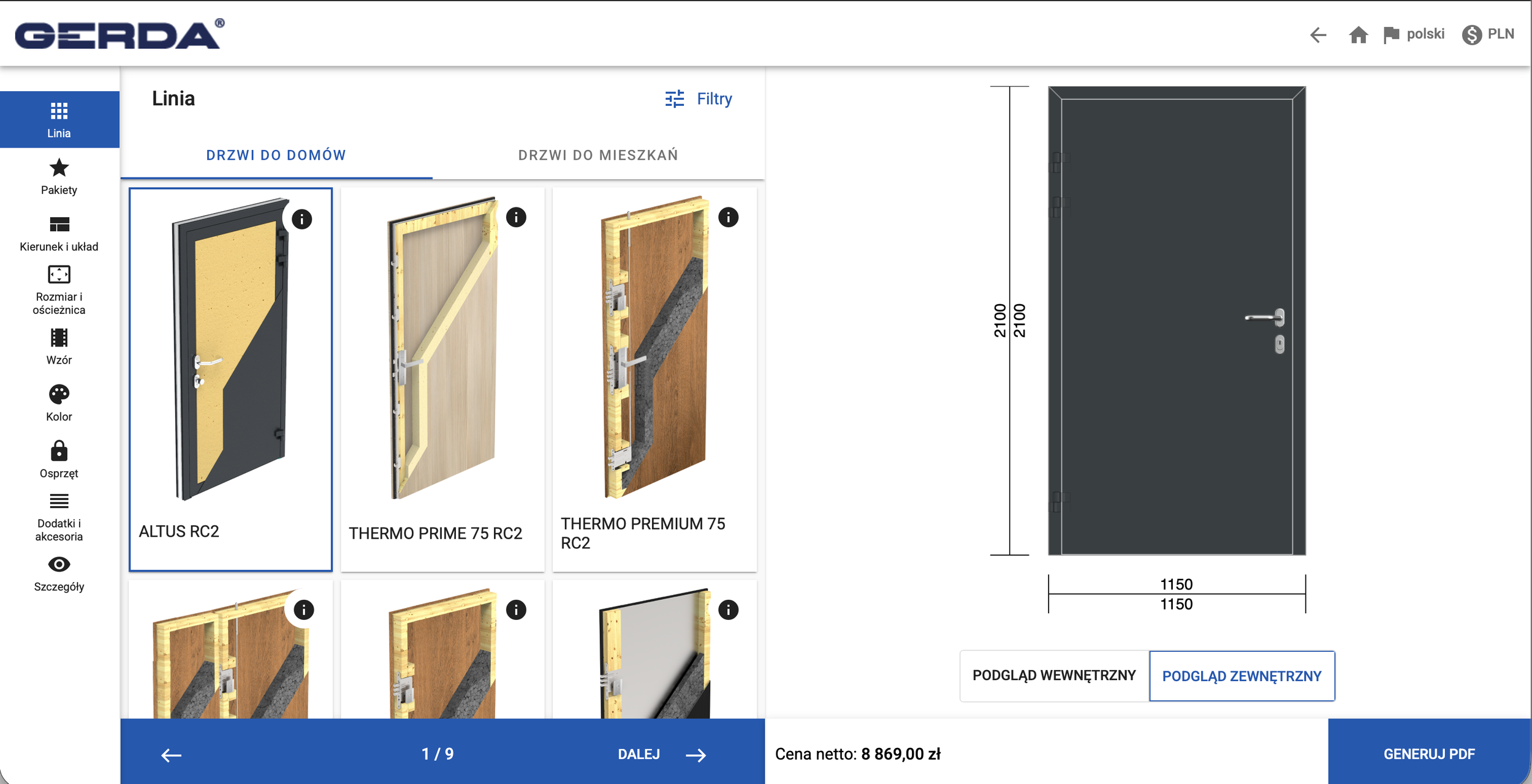 przykład konfiguratora drzwi zewnętrznych gerda