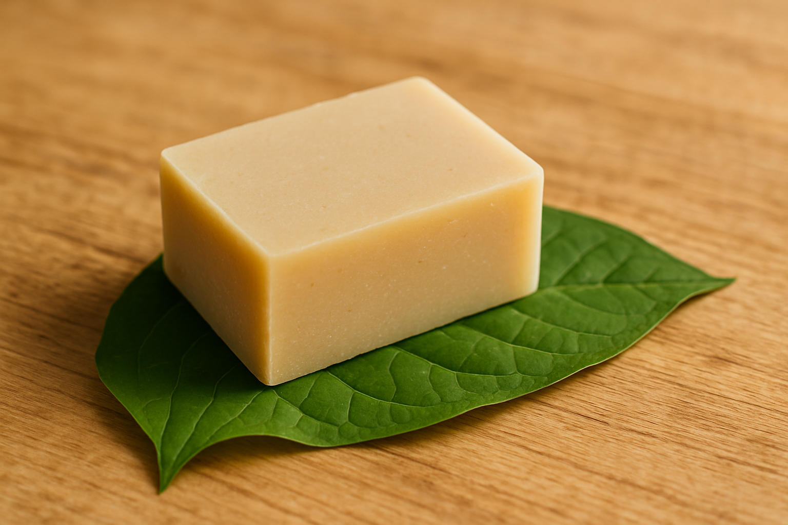 Un savon beige rectangulaire posé sur une feuille verte, sur une surface en bois.