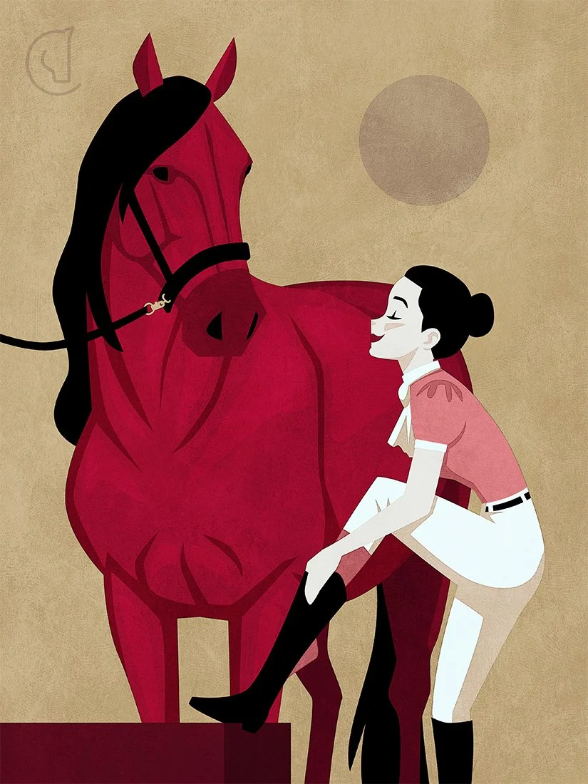 CAPALL - CHERRY - Ilustración de jinete mujer poniéndose las botas con su caballo - Boots